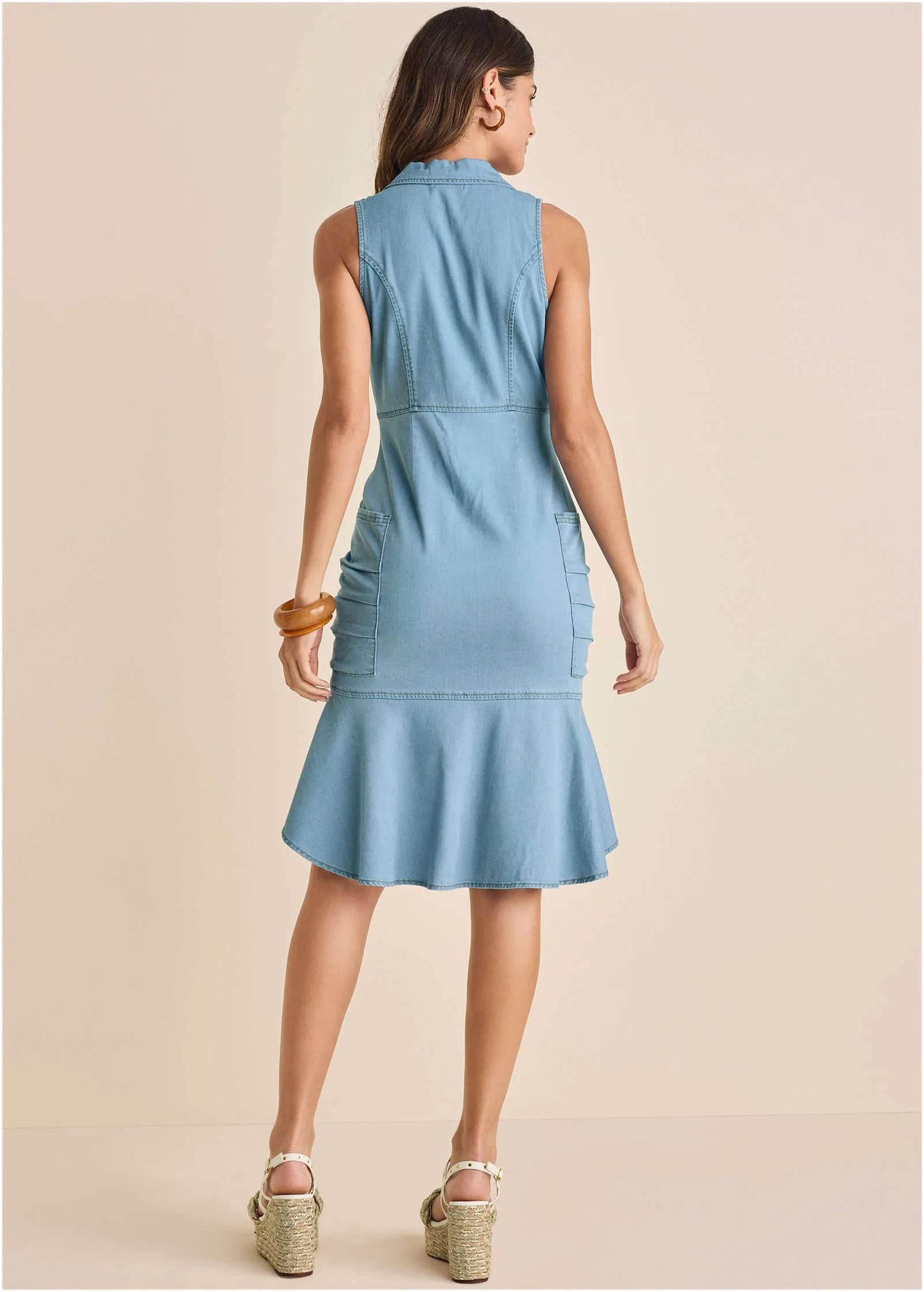 Denim Button Detail Dress  - Blue