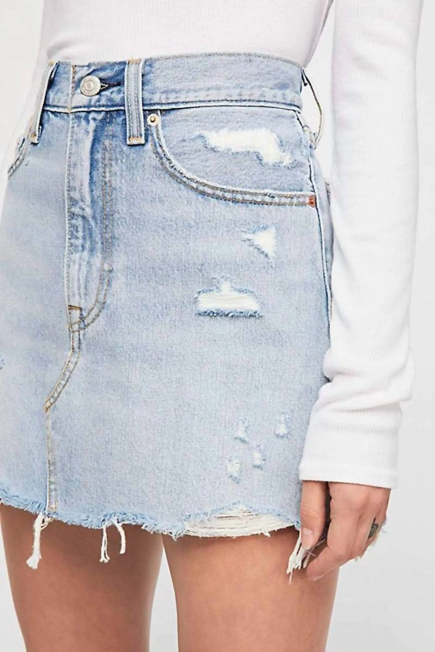 Denim Distressed Raw Hem Cotton Mini Skirt In Blue