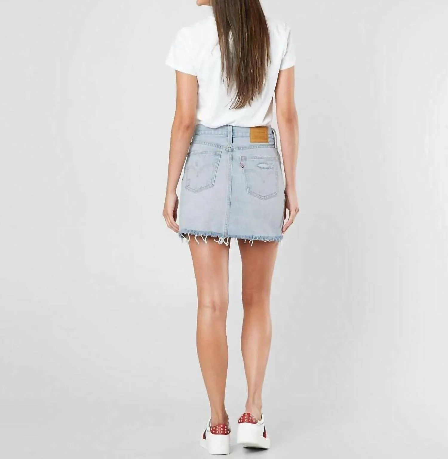 Denim Distressed Raw Hem Cotton Mini Skirt In Blue