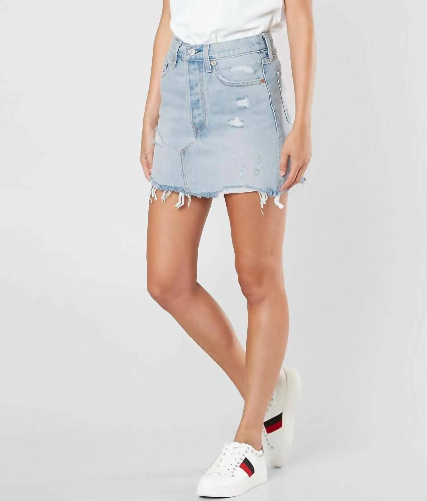 Denim Distressed Raw Hem Cotton Mini Skirt In Blue