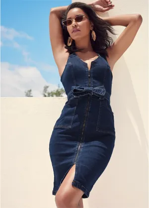 Denim Dress With Zipper - Dark Wash