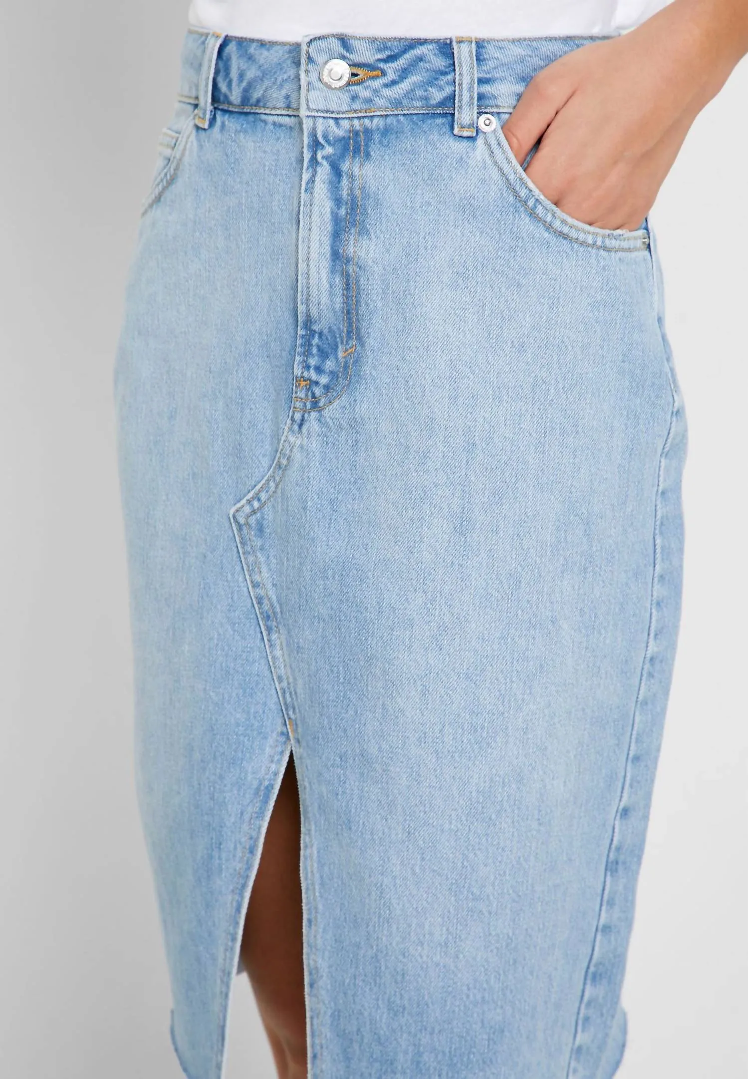 Denim Front Split Pencil Denim Skirt In Blue