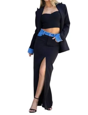 Denim Spliced Maxi Skirt In Black