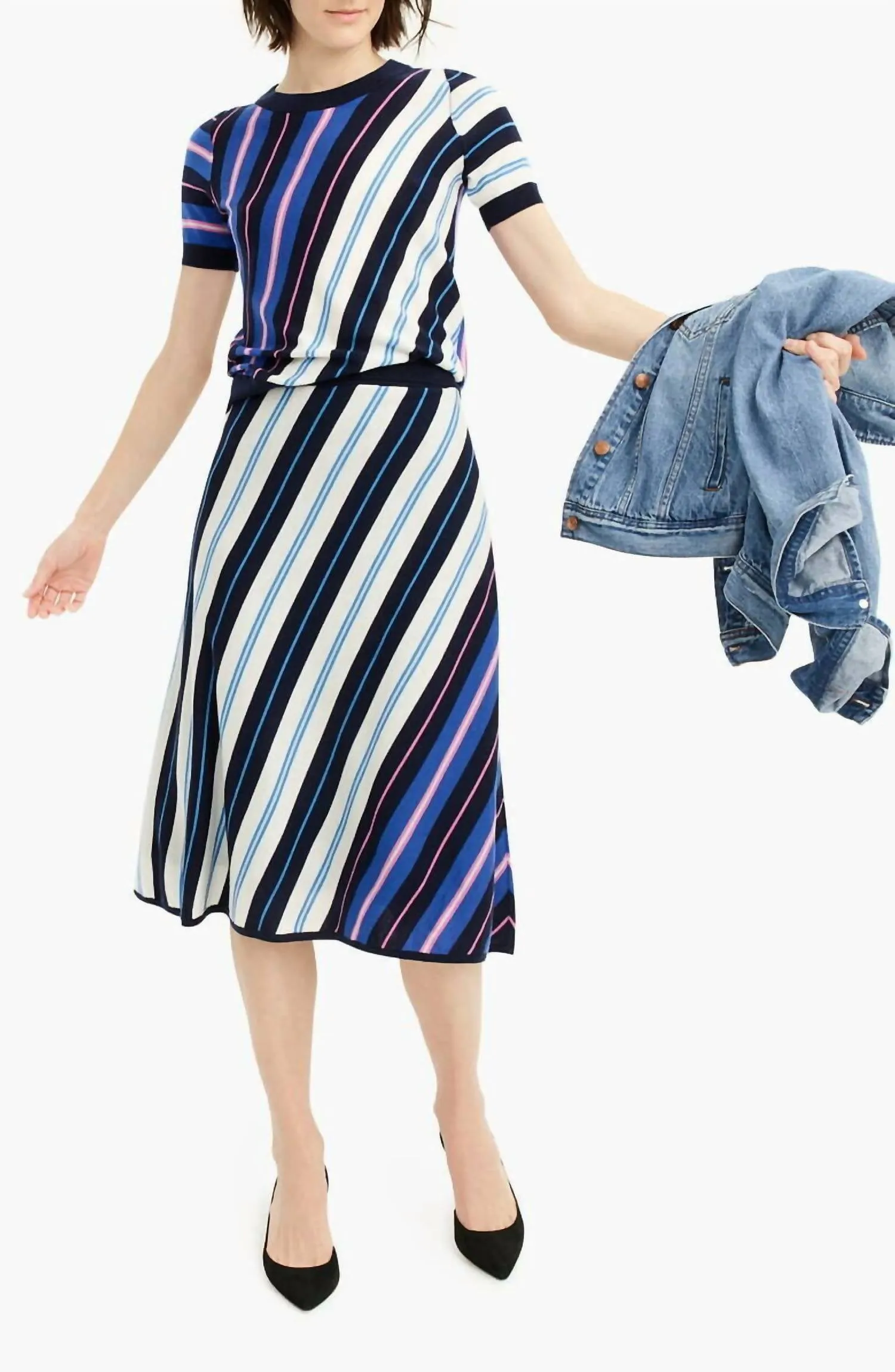 Diagonal Stripe Merino Wool Midi A Line Skirt In Multicolor