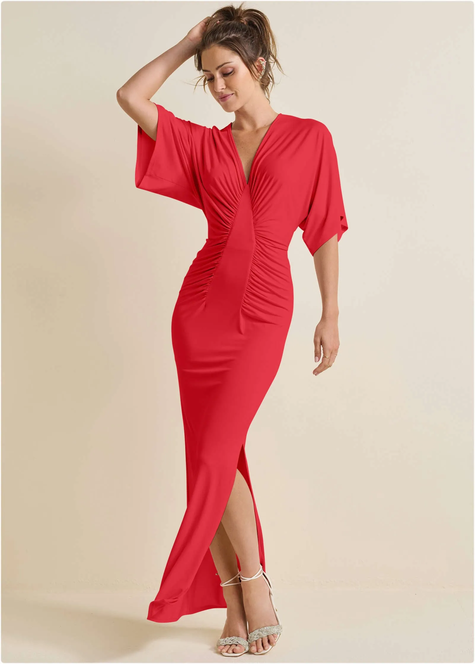 Drape Sleeve Maxi Dress - Red