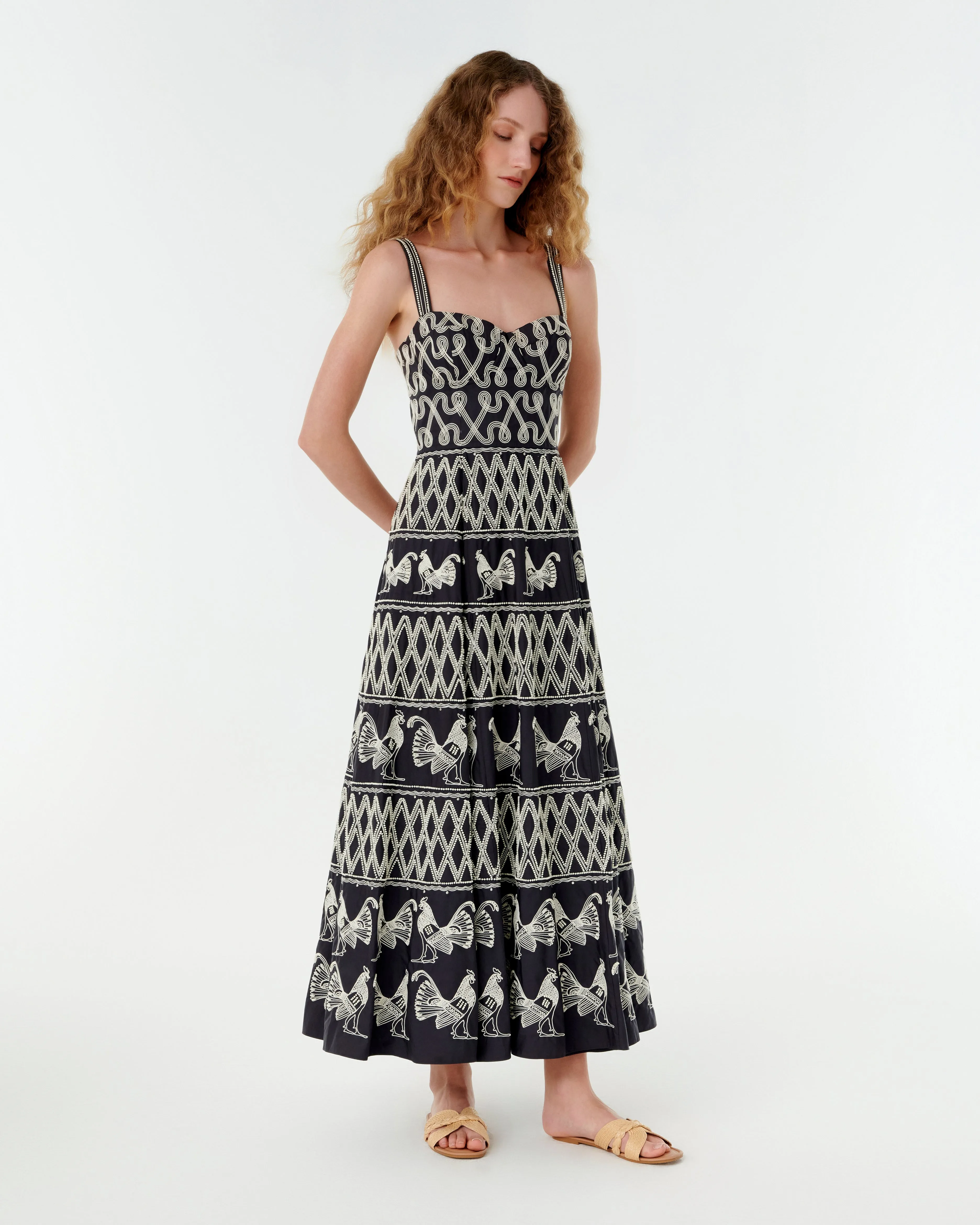 Elida Dress with Greek Rooster Embroidery