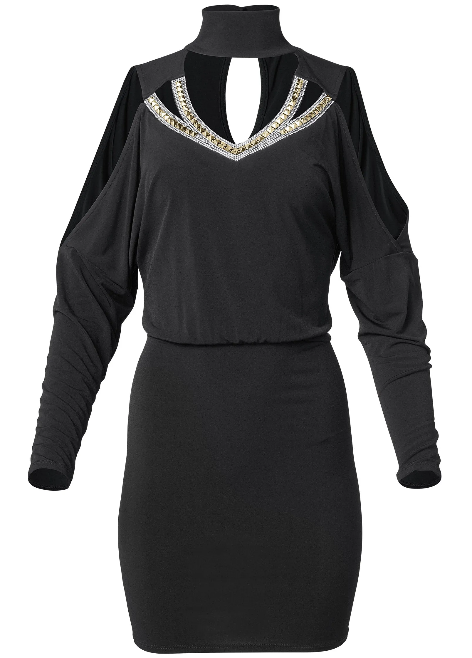 Embellished Cold-Shoulder Dress  - Black