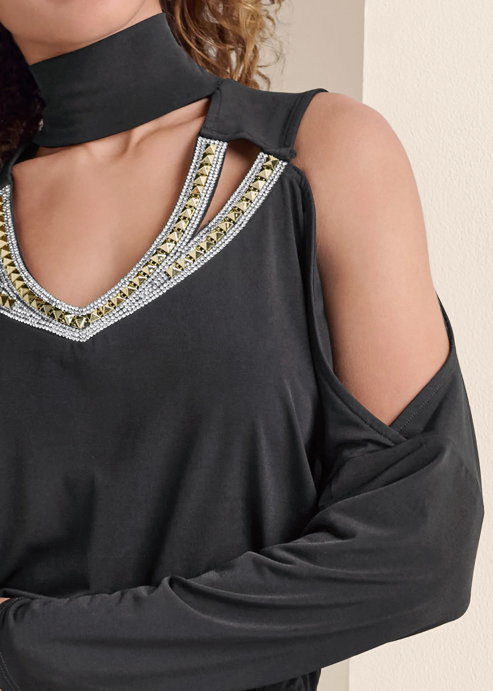 Embellished Cold-Shoulder Dress  - Black