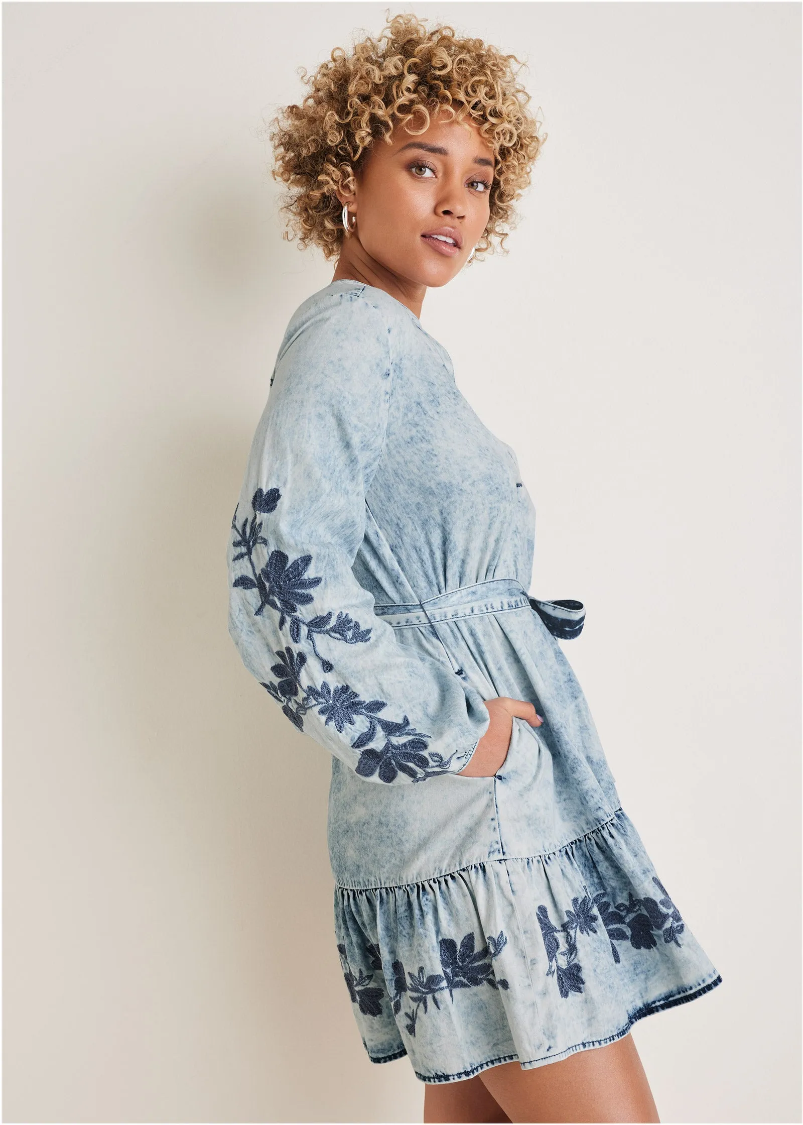 Embroidered Denim Dress - Acid Wash
