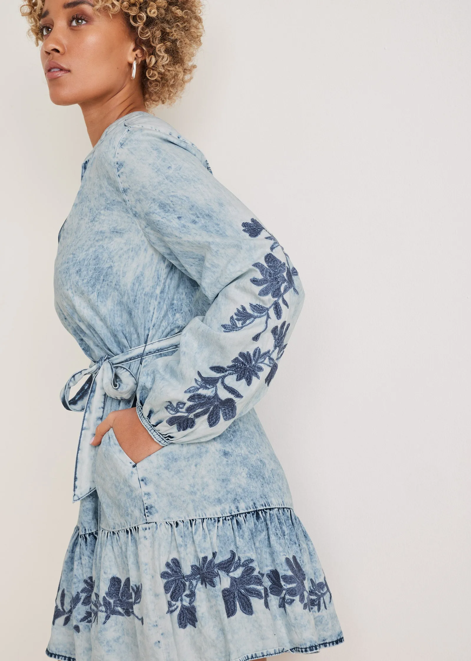 Embroidered Denim Dress - Acid Wash