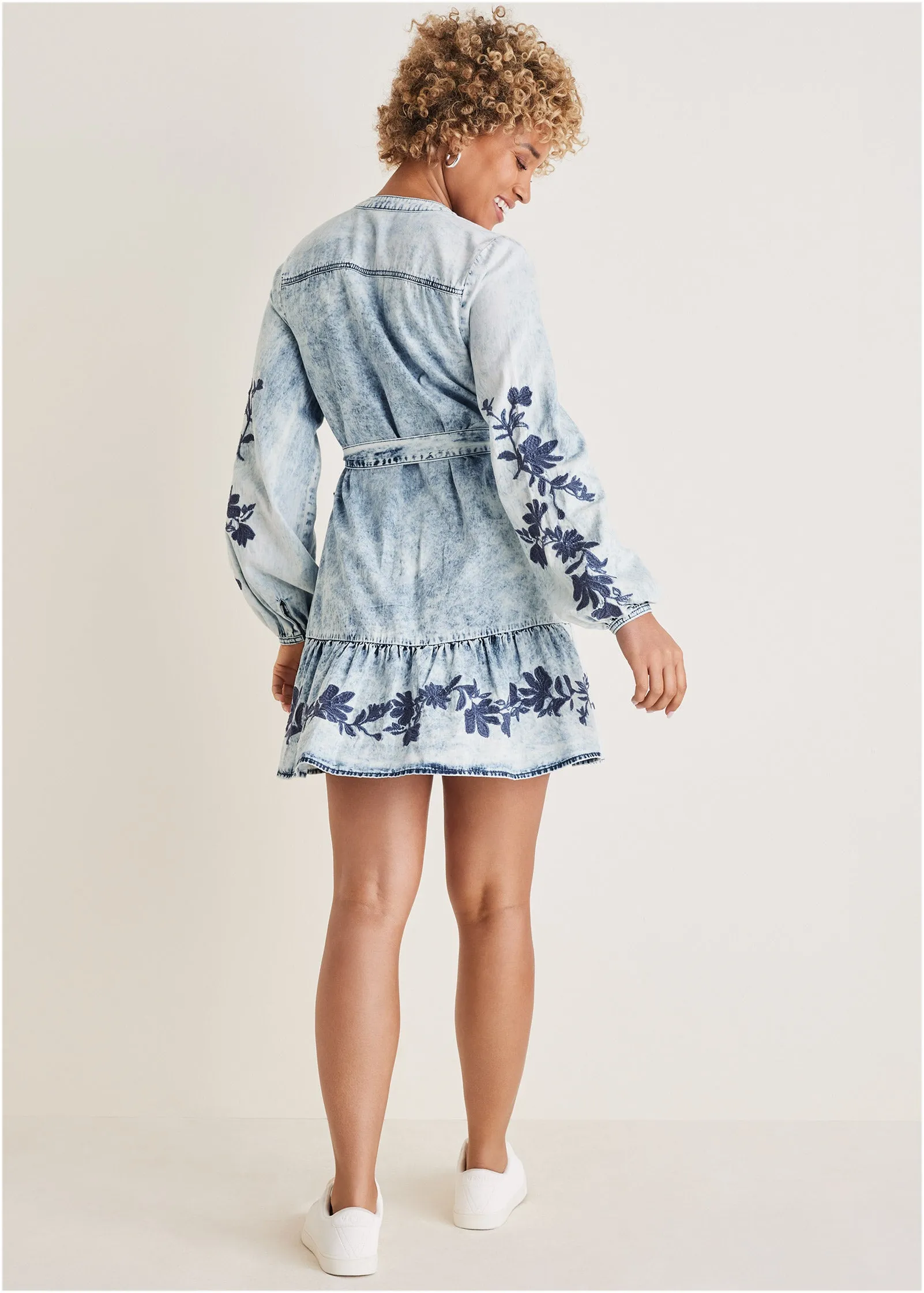 Embroidered Denim Dress - Acid Wash