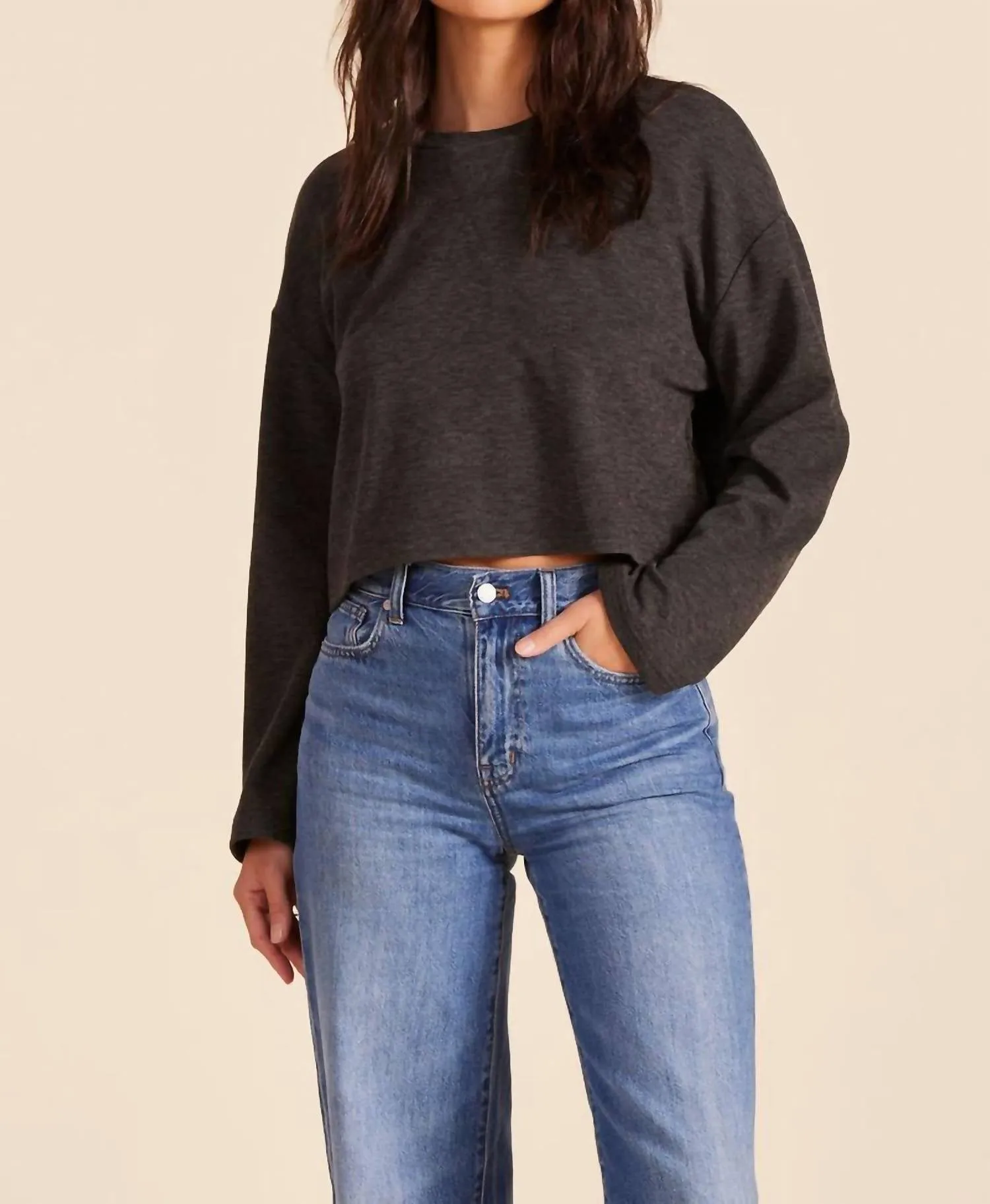 Everyday Drop Shoulder Pullover Top In Dark Grey
