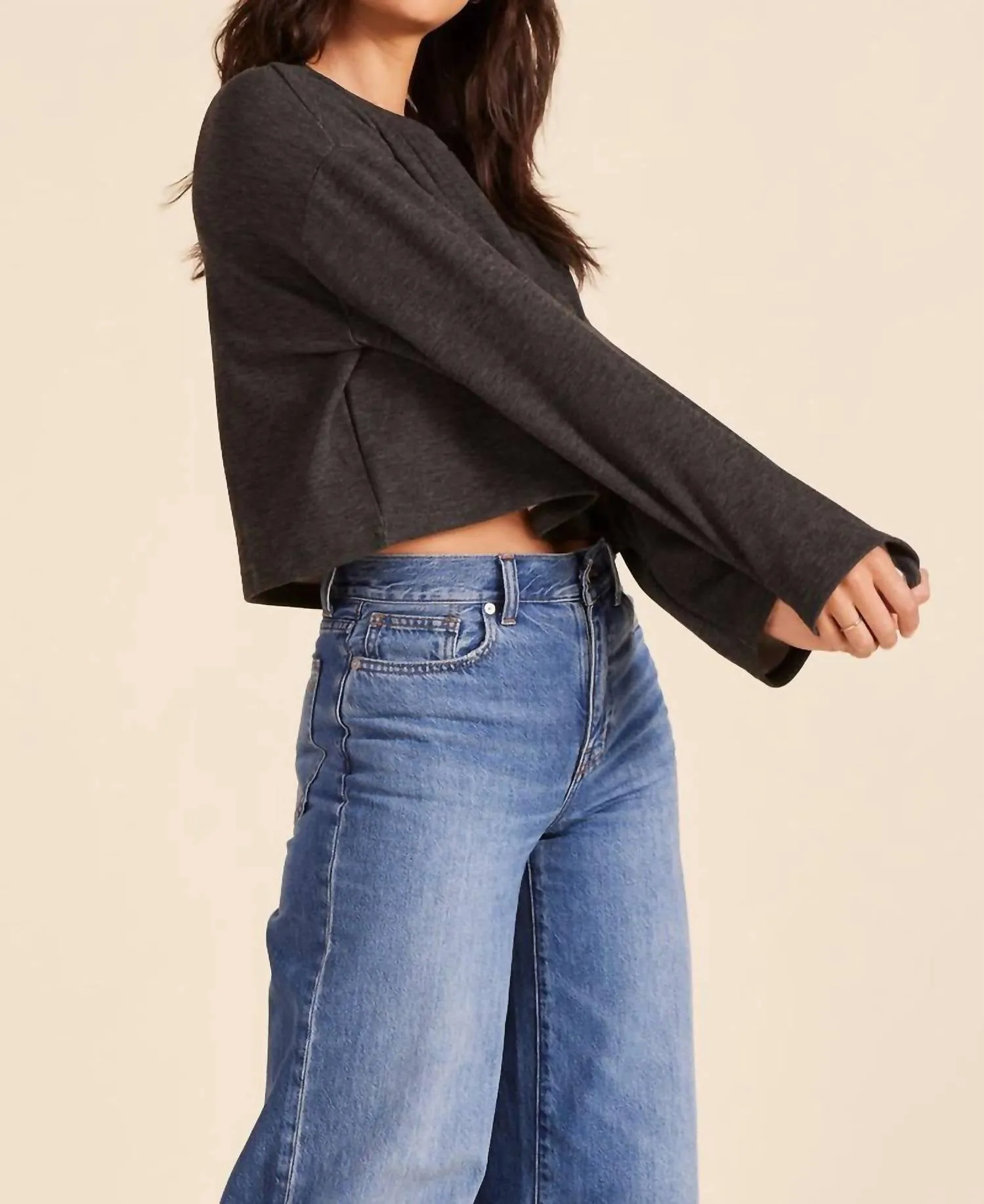 Everyday Drop Shoulder Pullover Top In Dark Grey