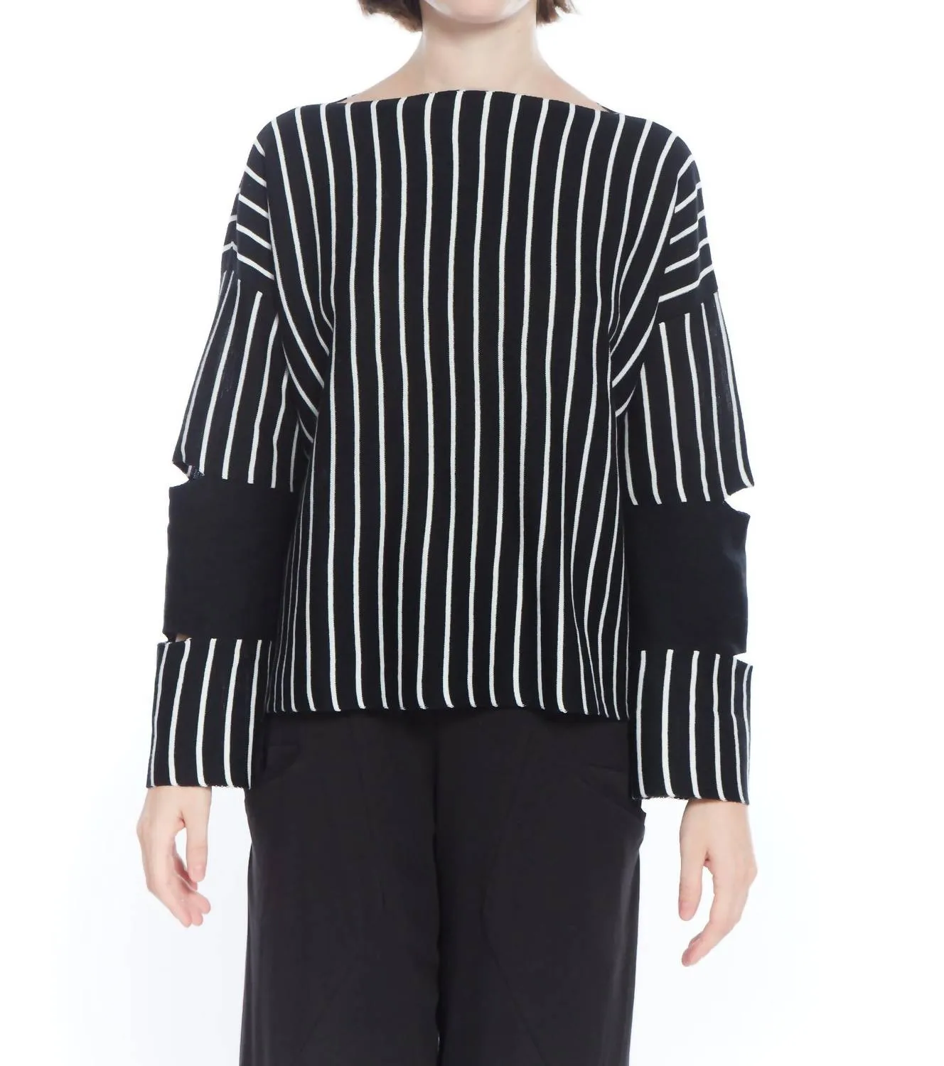 Evolution Stripe Cut Out Sleeve Sweater In Black Ivory