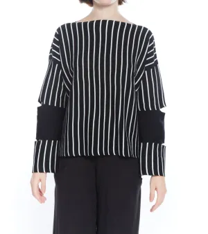 Evolution Stripe Cut Out Sleeve Sweater In Black Ivory