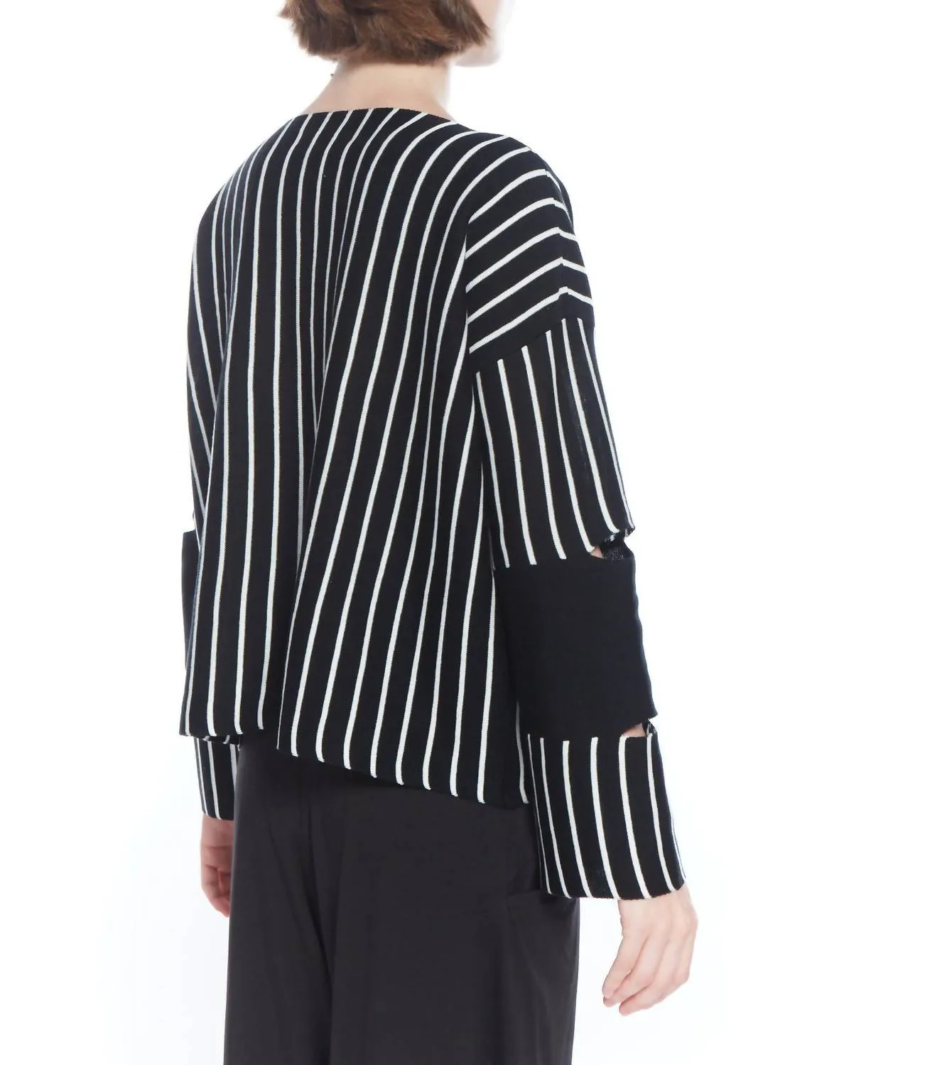 Evolution Stripe Cut Out Sleeve Sweater In Black Ivory