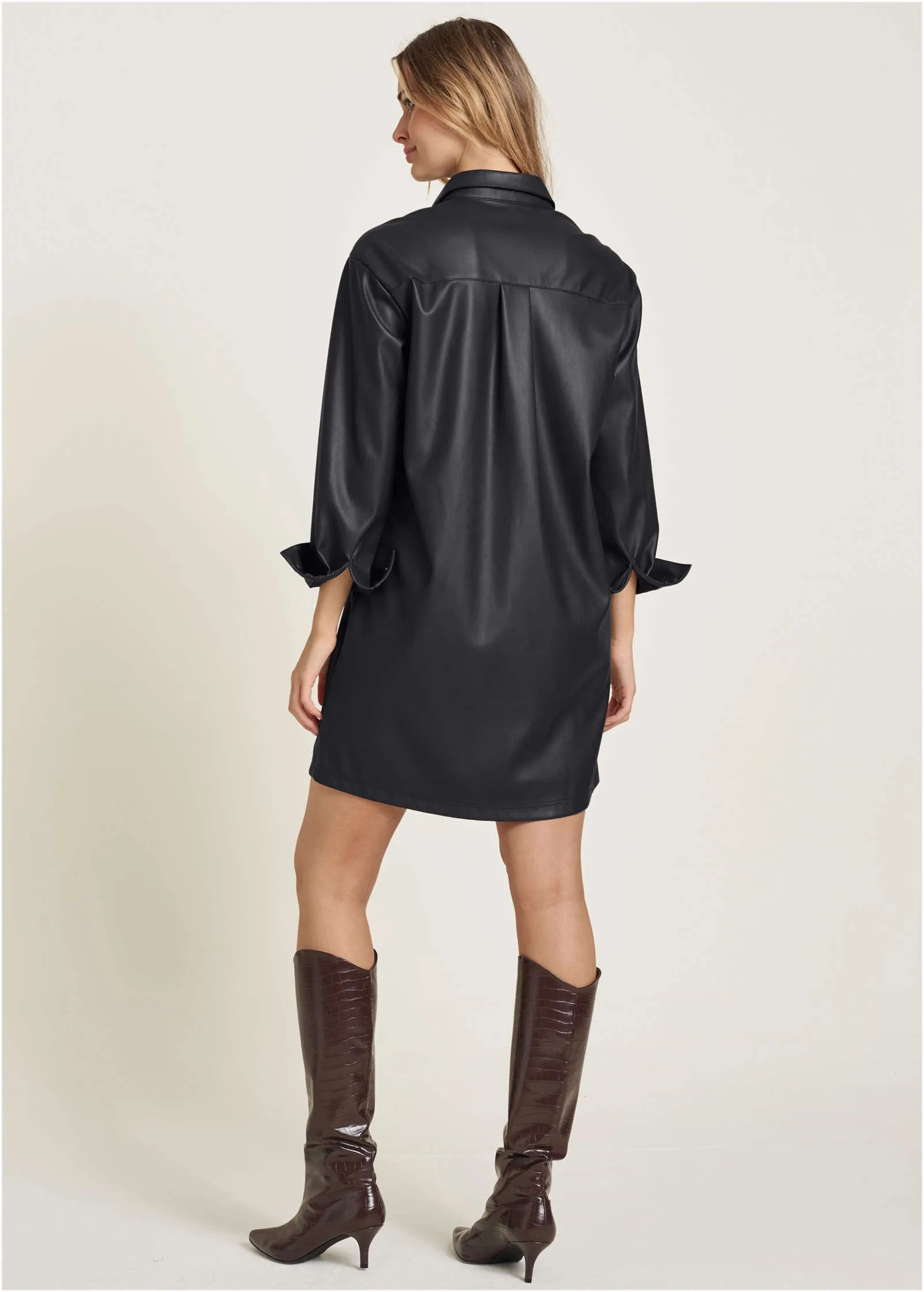Faux Leather Shirt Dress - Black