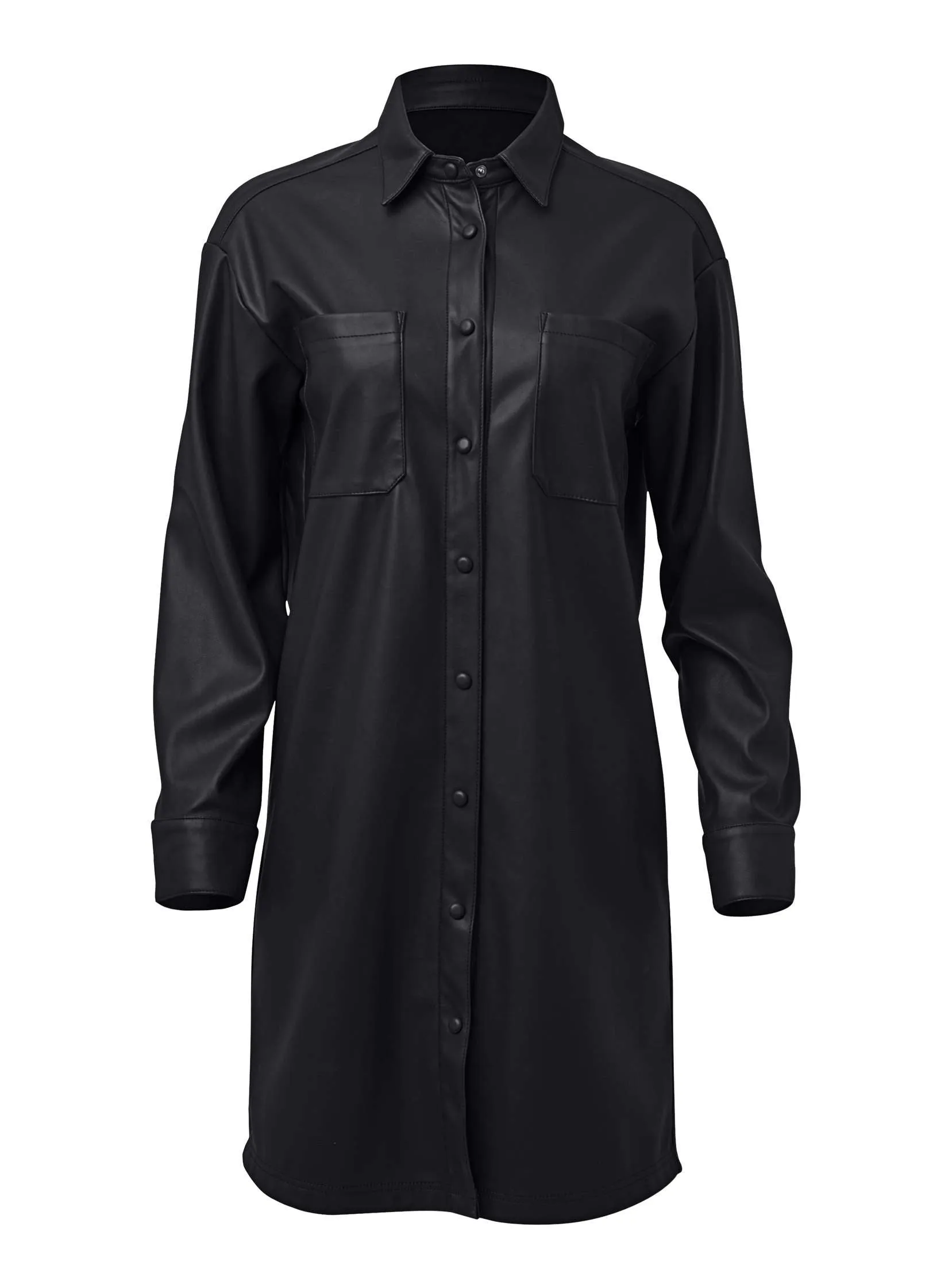 Faux Leather Shirt Dress - Black