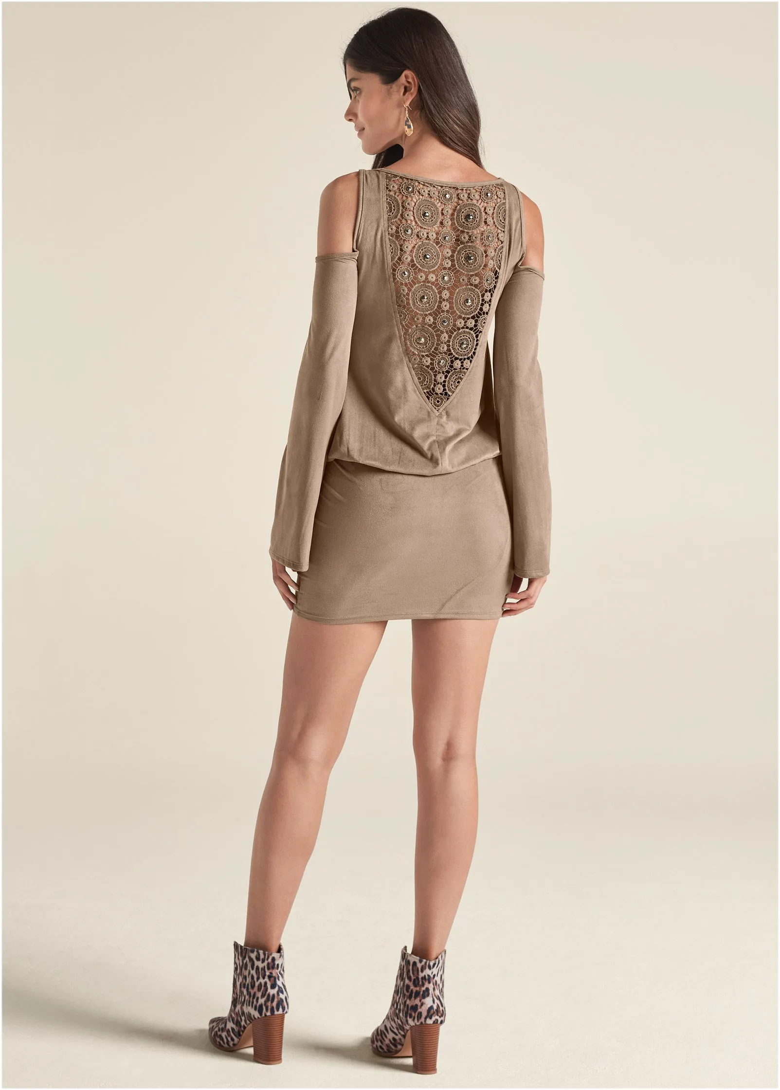 Faux-Suede Back Detail Dress - Tan