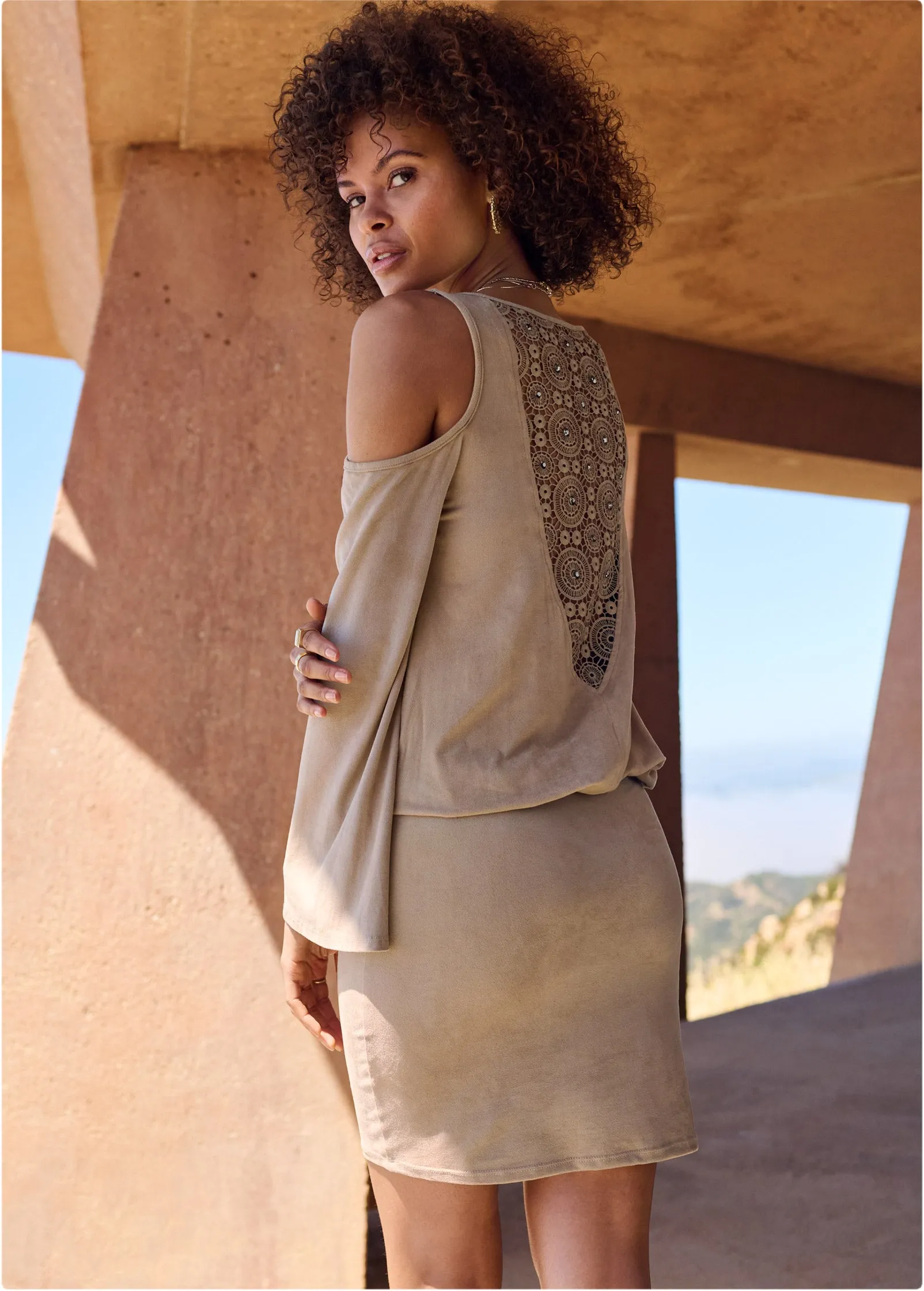 Faux-Suede Back Detail Dress - Tan