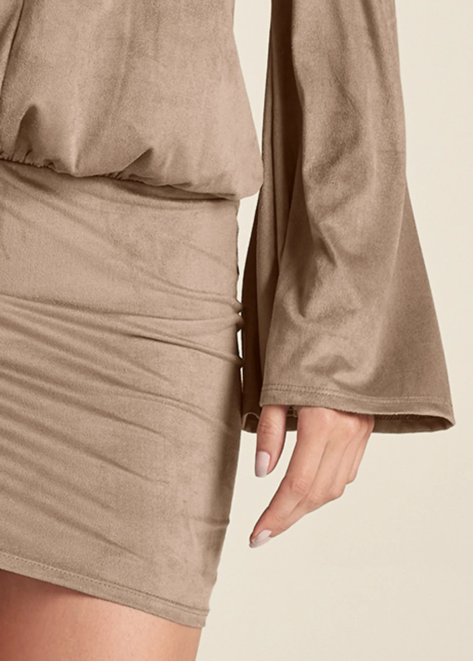 Faux-Suede Back Detail Dress - Tan