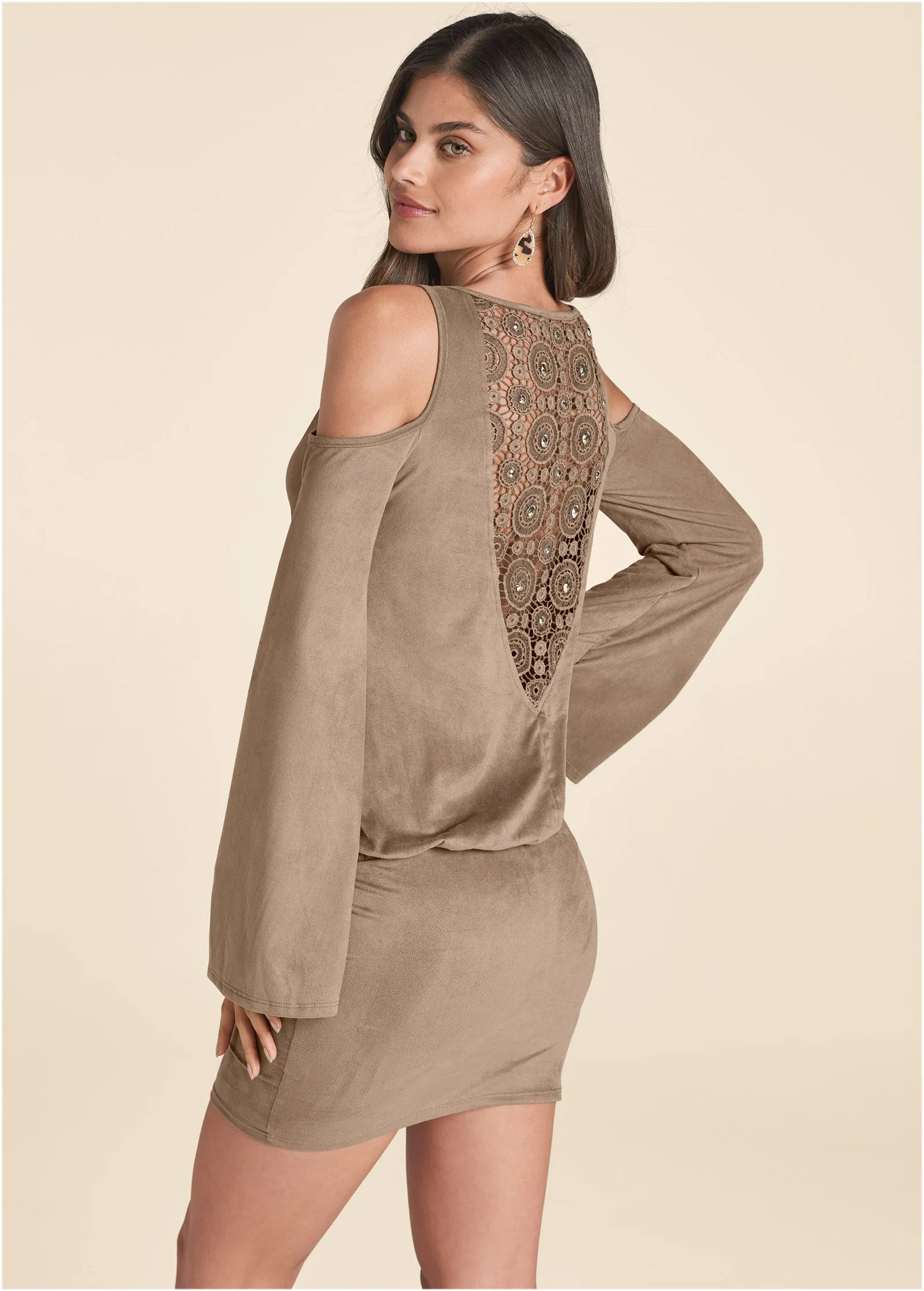 Faux-Suede Back Detail Dress - Tan