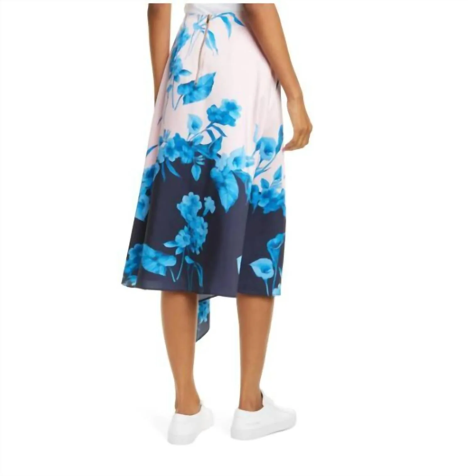 Floral Asymmetrical Satin Midi Skirt In Pink