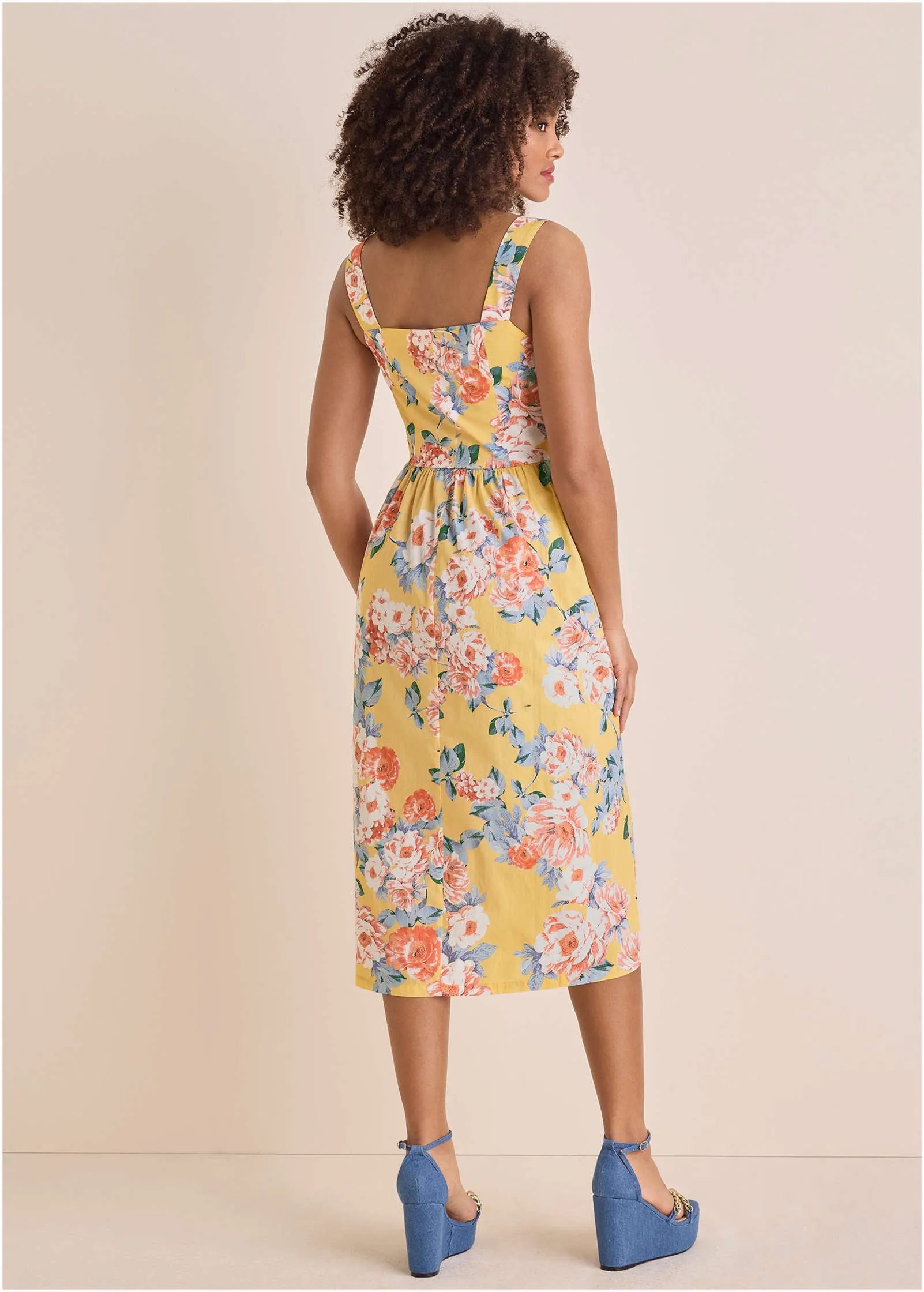 Floral Poplin Midi Dress - Custard Roses