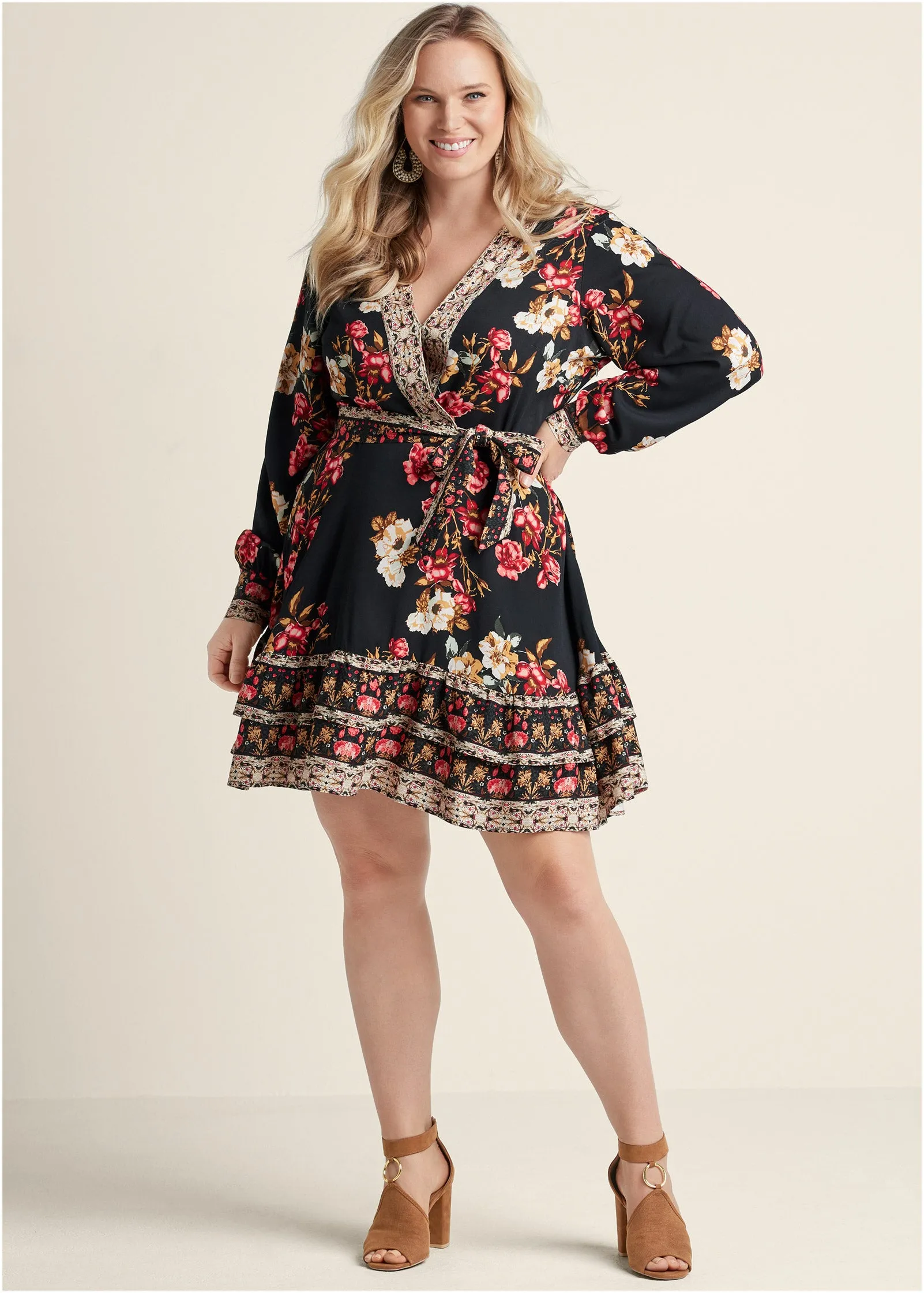 Floral Print Mini Dress - Black Multi