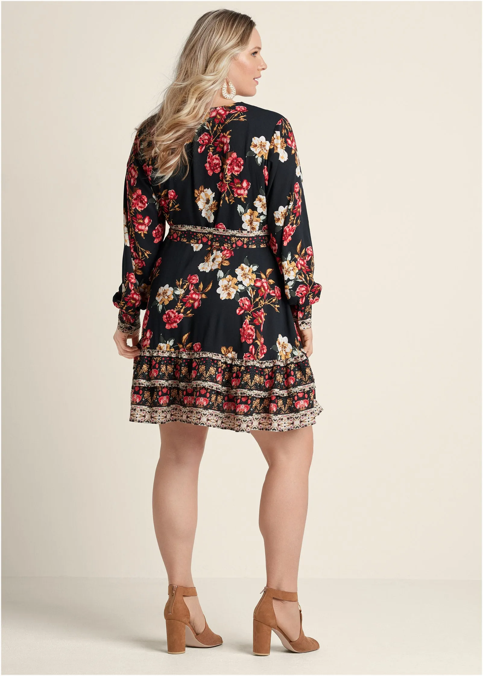 Floral Print Mini Dress - Black Multi