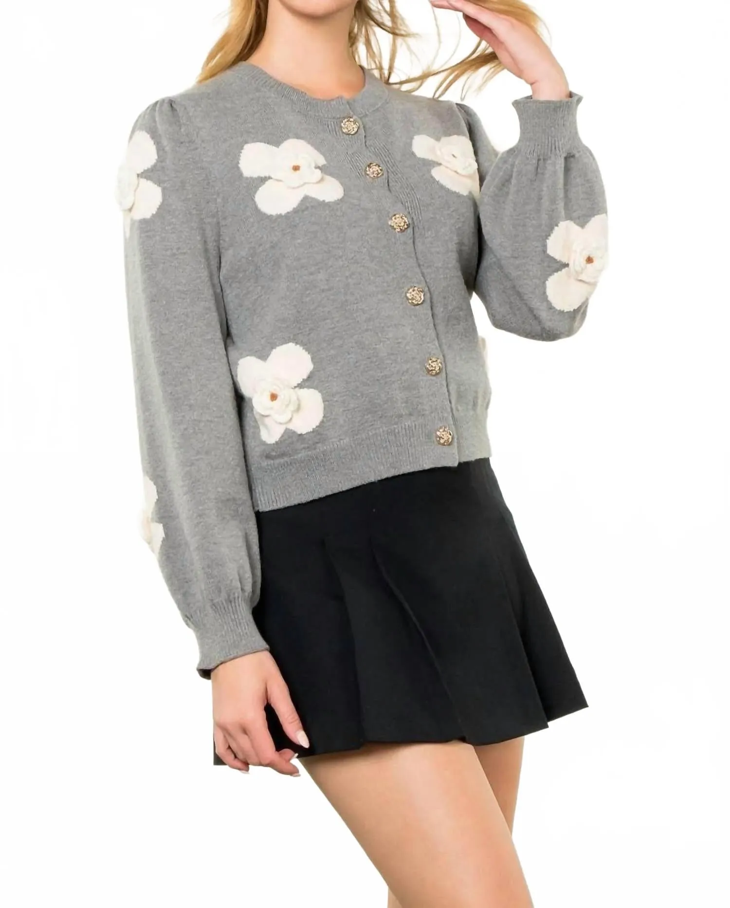 Flower Detail Cardigan In Grey