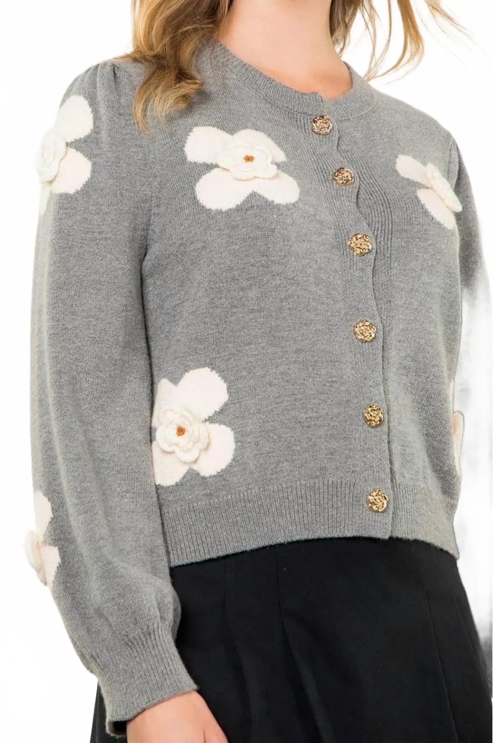 Flower Detail Cardigan In Grey
