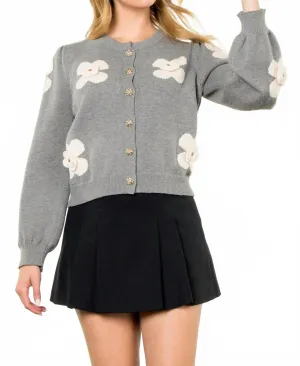 Flower Detail Cardigan In Grey