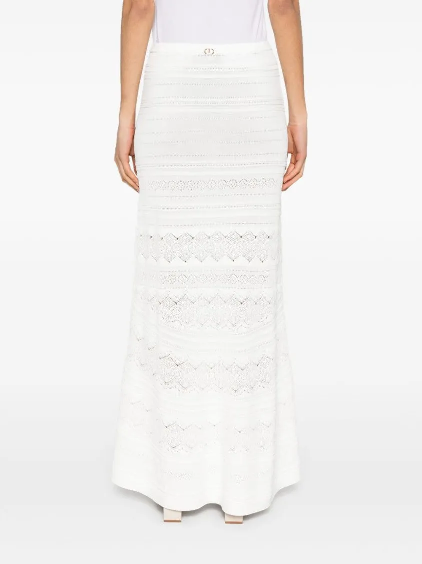 Flowing White Maxi Skirt With Pointelle Trim And Ribbed Hem