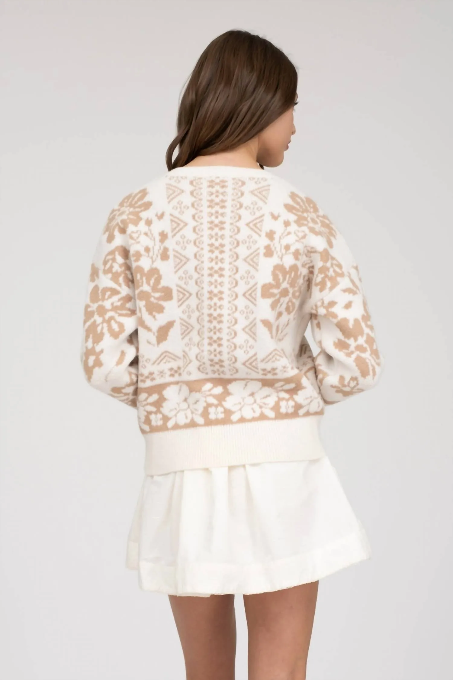 Geo Floral Long Sleeve Knit Sweater In Cream
