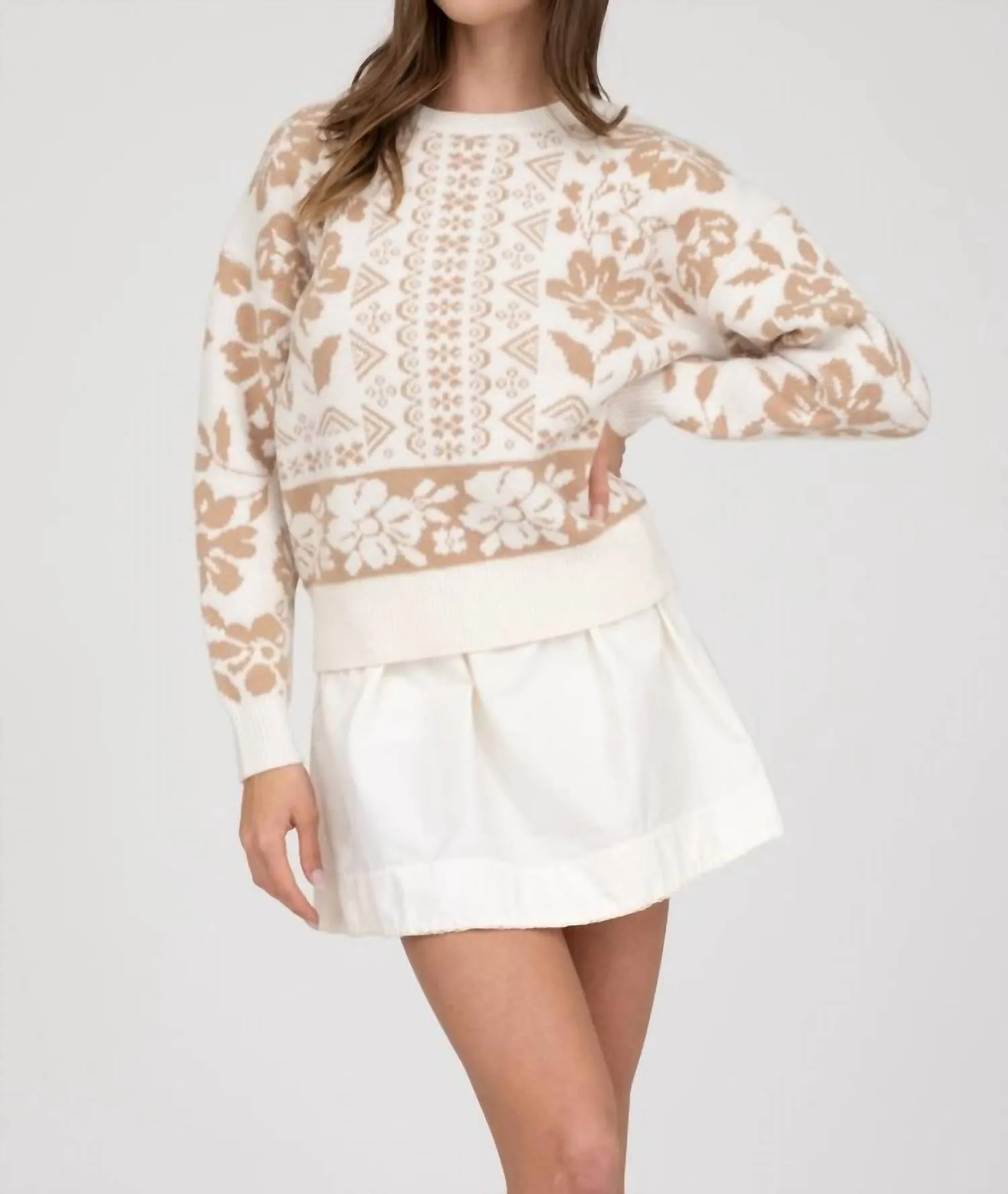 Geo Floral Long Sleeve Knit Sweater In Cream