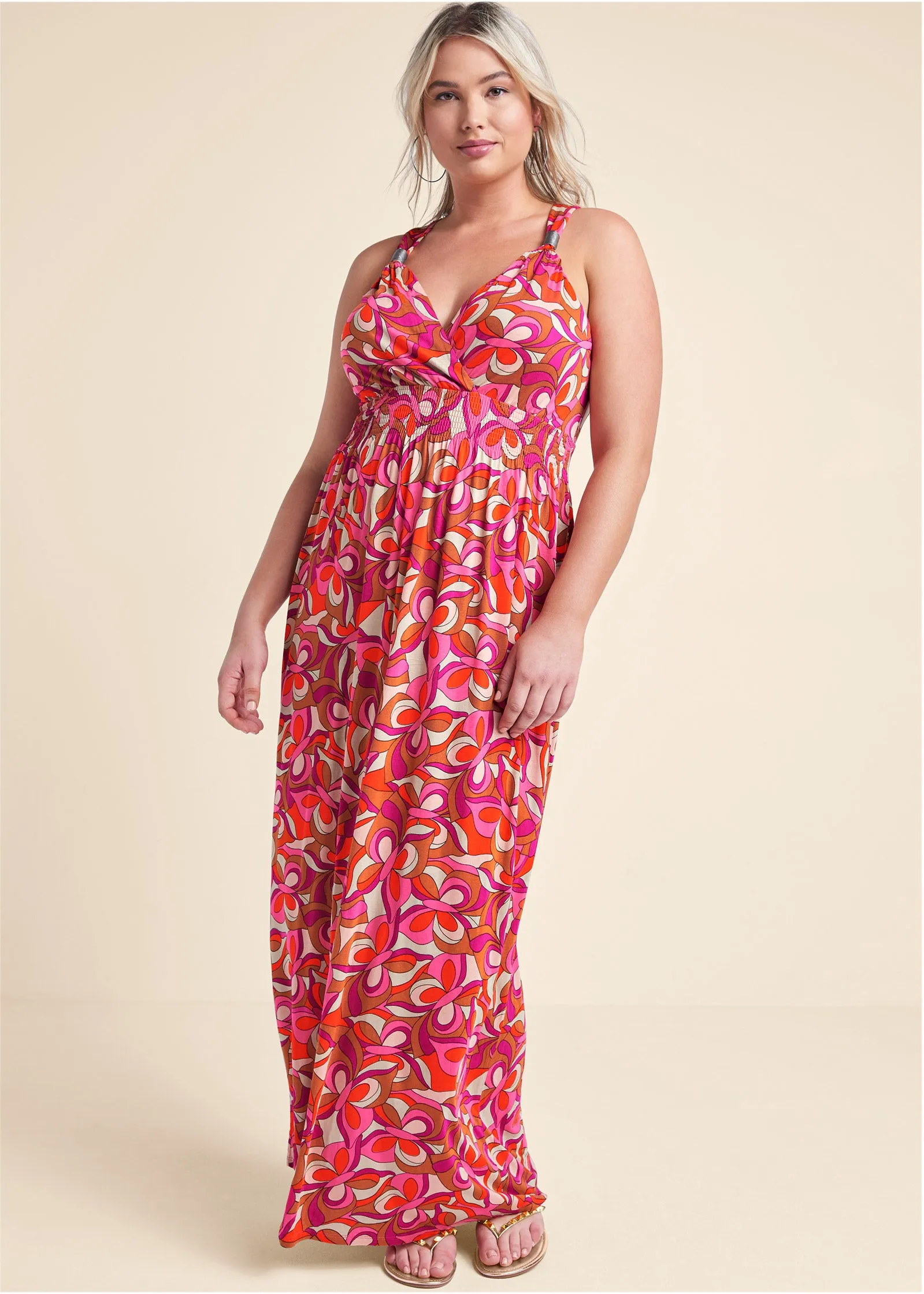 Geometric Print Maxi Dress - Pink Multi