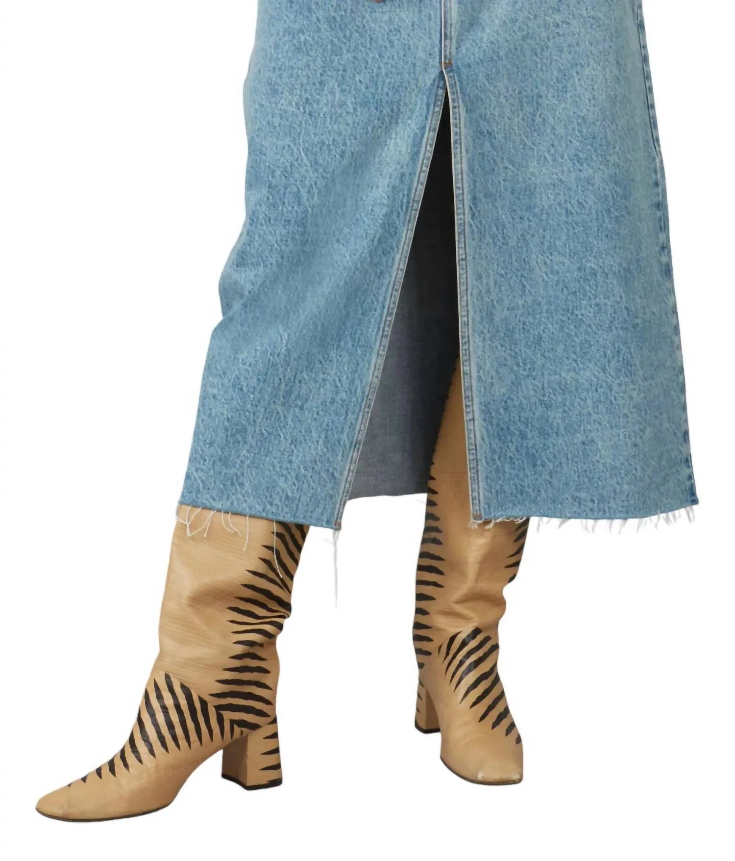 Halston Denim Maxi Skirt With Front Slit In Vintage Ice Blue