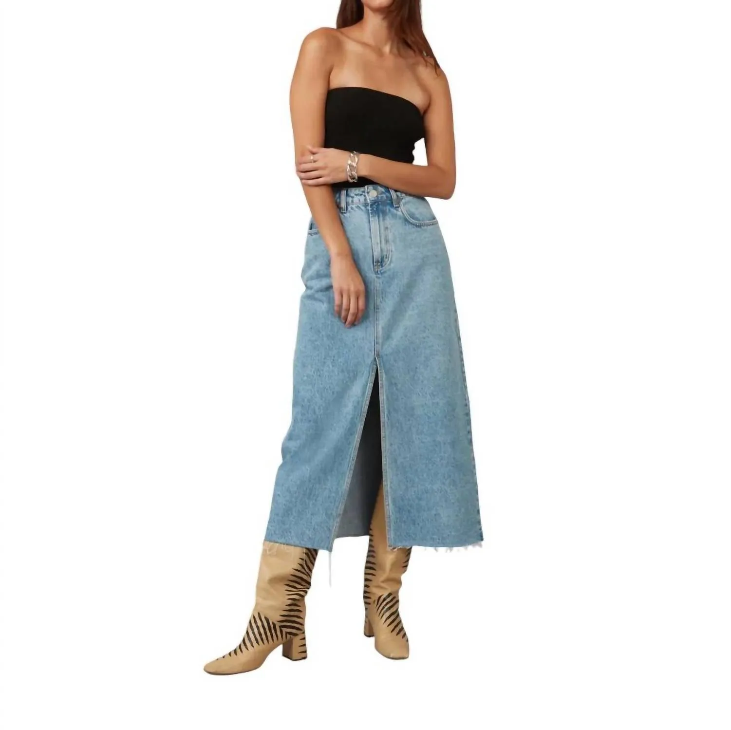 Halston Denim Maxi Skirt With Front Slit In Vintage Ice Blue