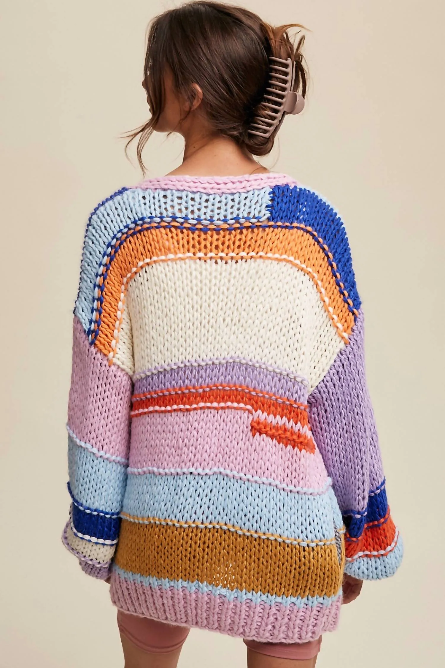 Hand Knit Multi Striped Cardigan In Lavender Multi