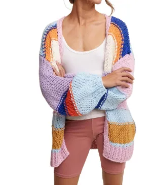 Hand Knit Multi Striped Cardigan In Lavender Multi