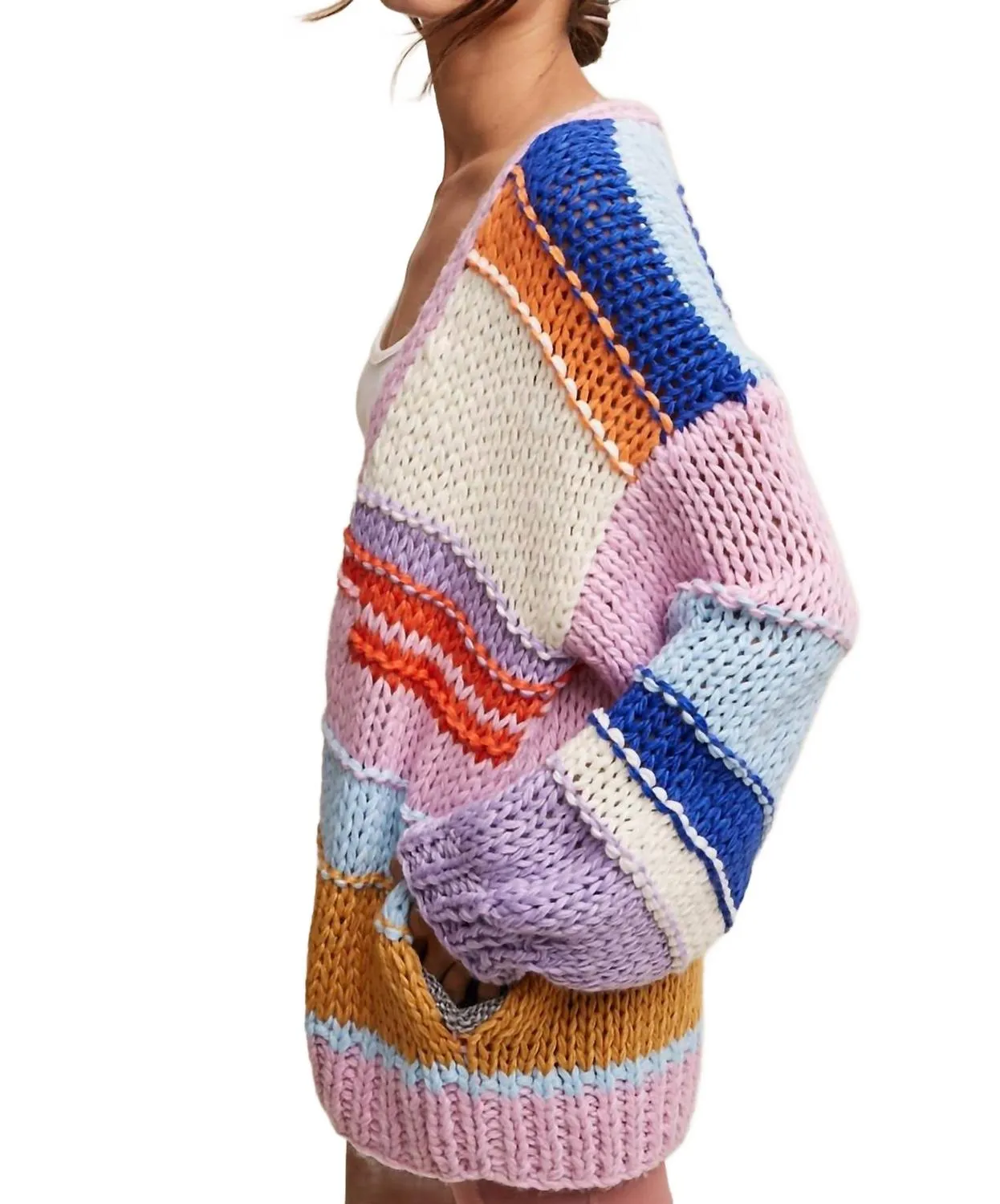 Hand Knit Multi Striped Cardigan In Lavender Multi