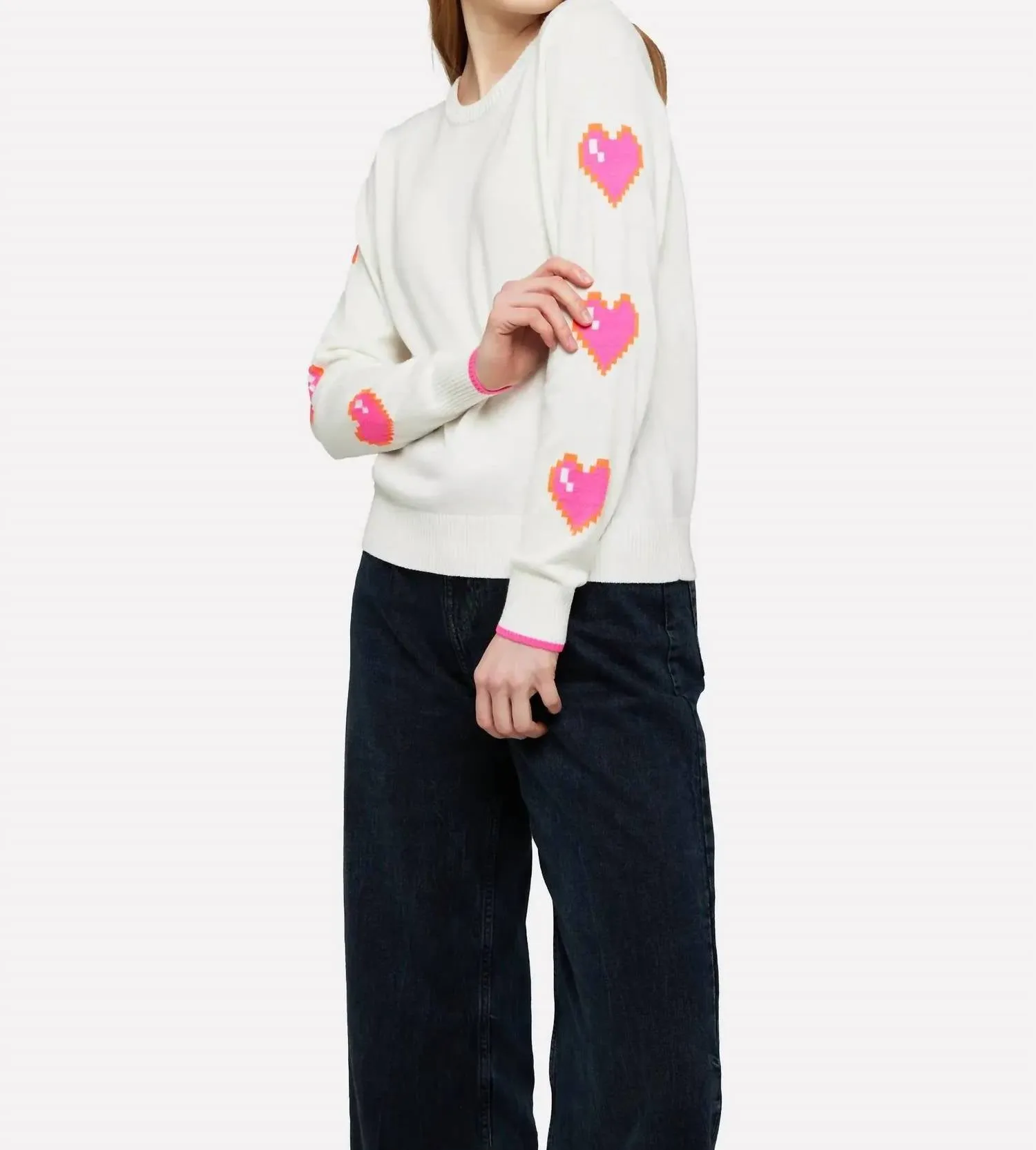 Heart Sleeve Crew Top In Ice Water/neon Pink