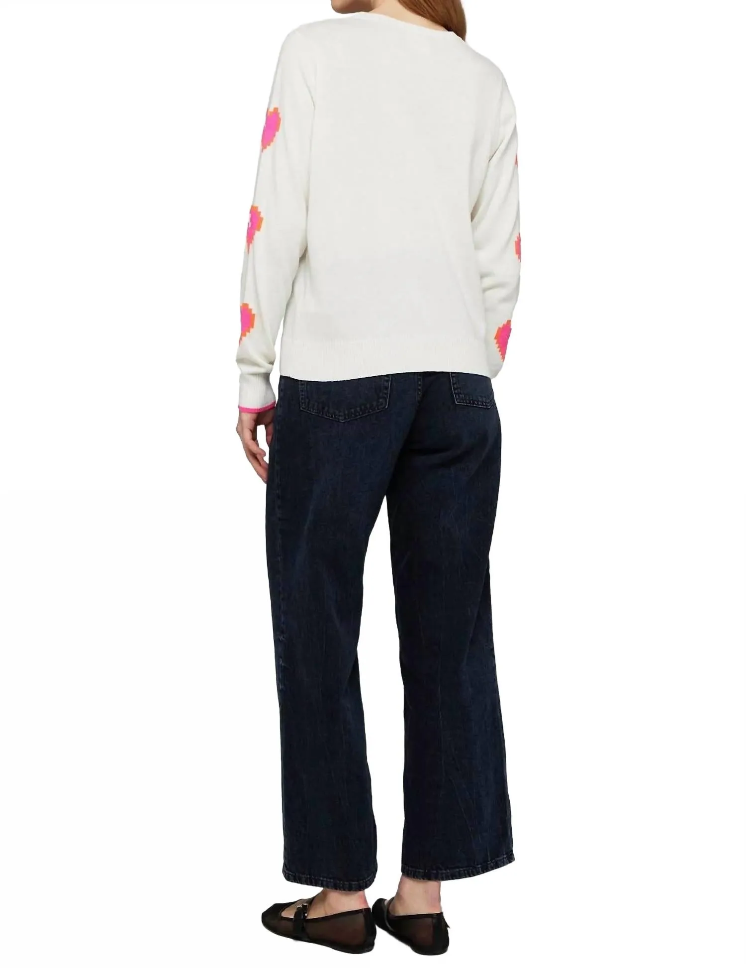 Heart Sleeve Crew Top In Ice Water/neon Pink
