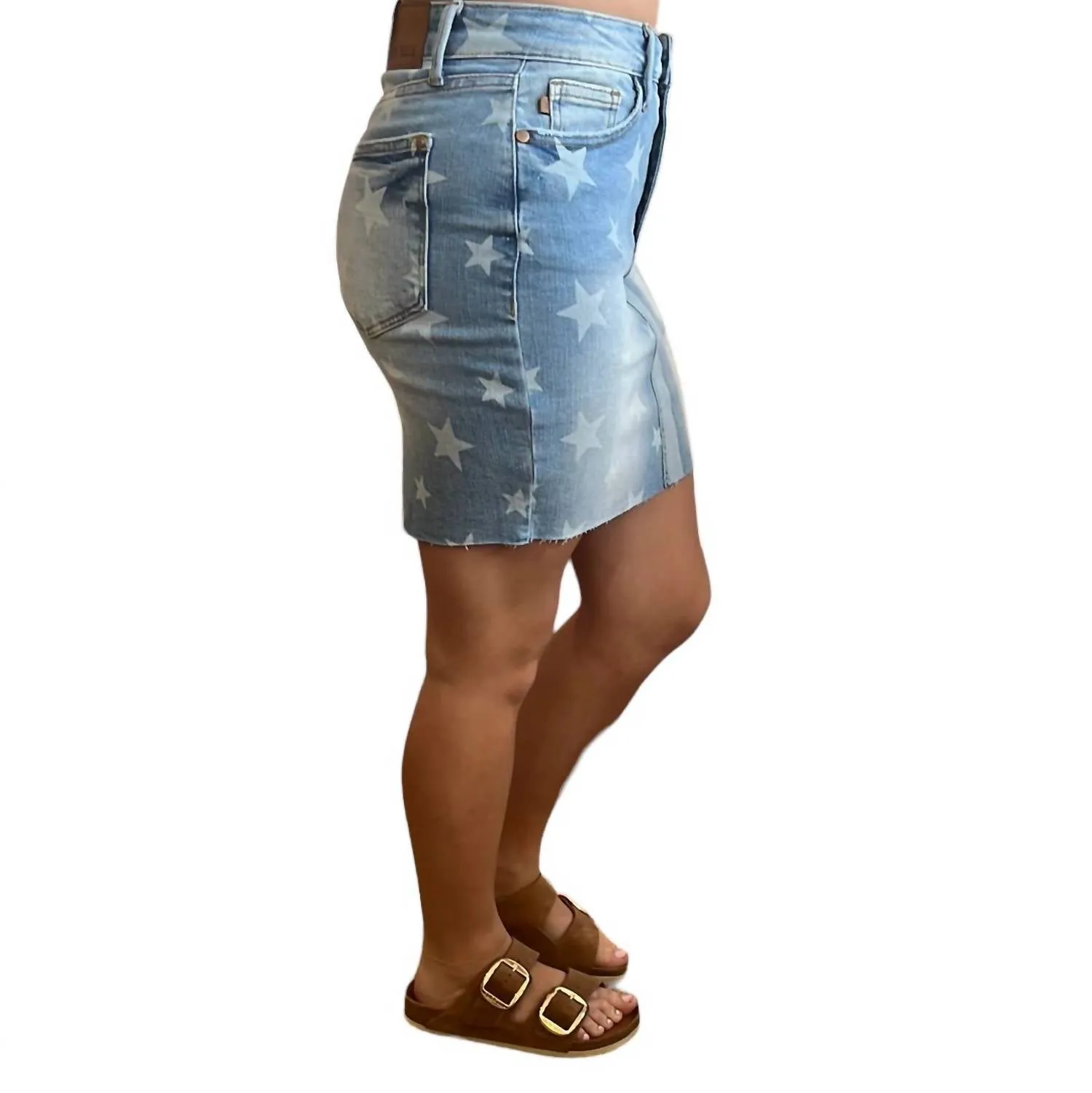 Hi-Waist Bleached Stars And Stripes Skirt In Blue