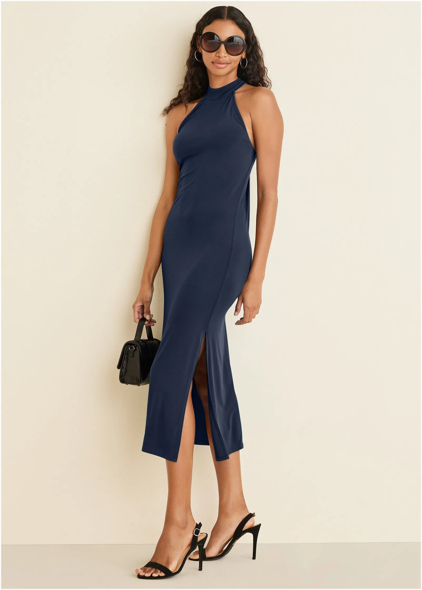 High Neck Midi Dress - Navy