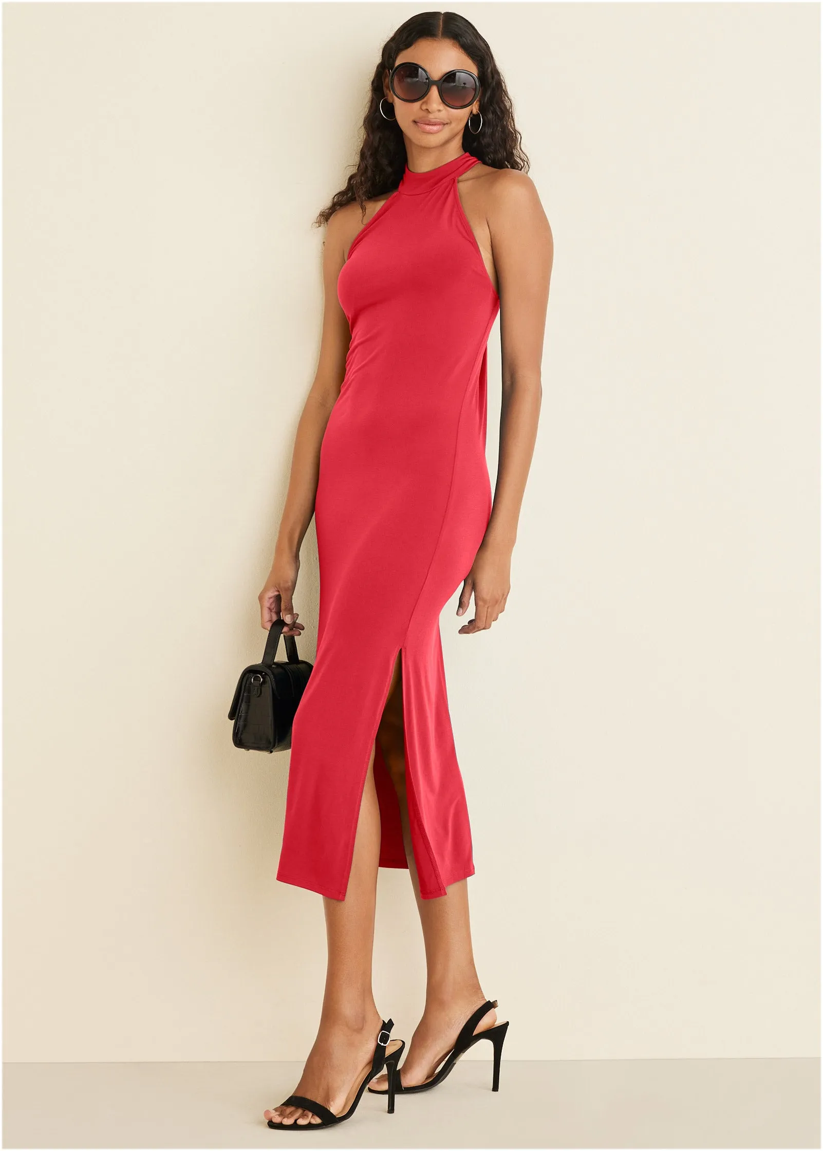 High Neck Midi Dress - Red