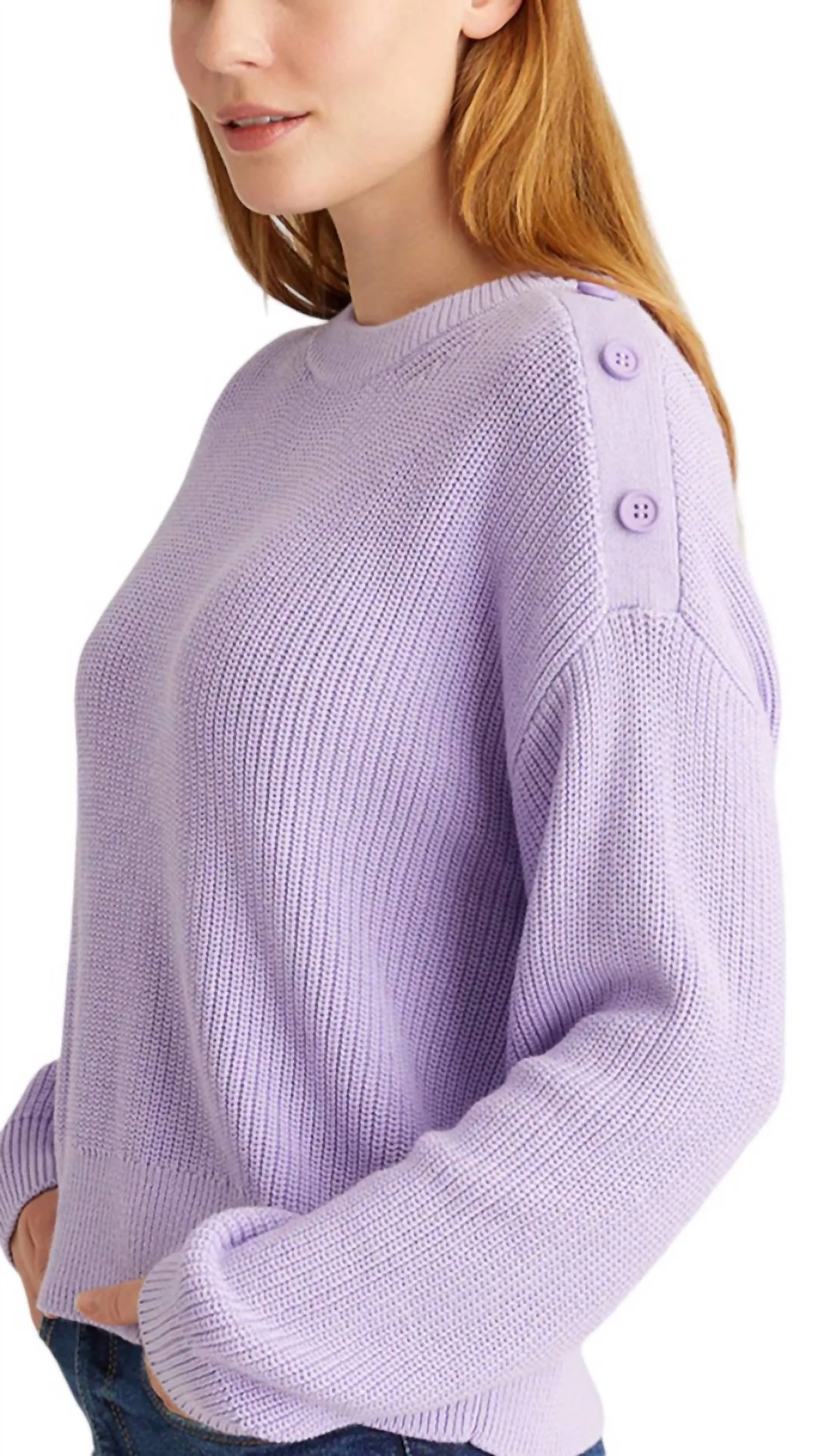 Ida Button Shoulder Solid Pullover In Purple Rose