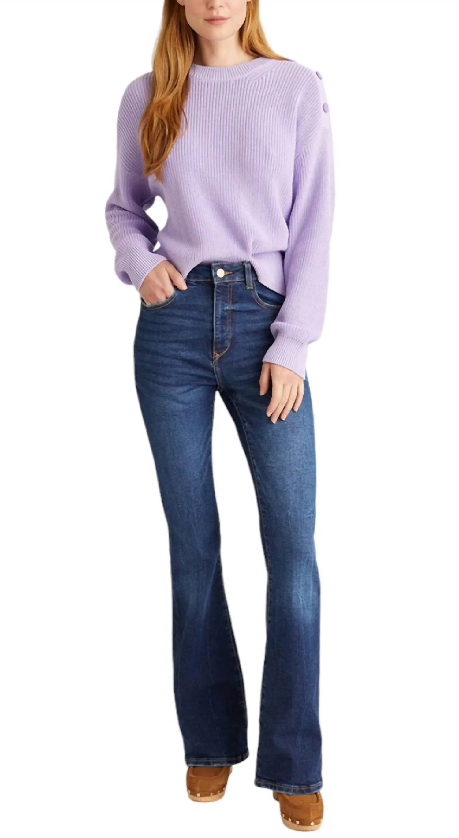 Ida Button Shoulder Solid Pullover In Purple Rose