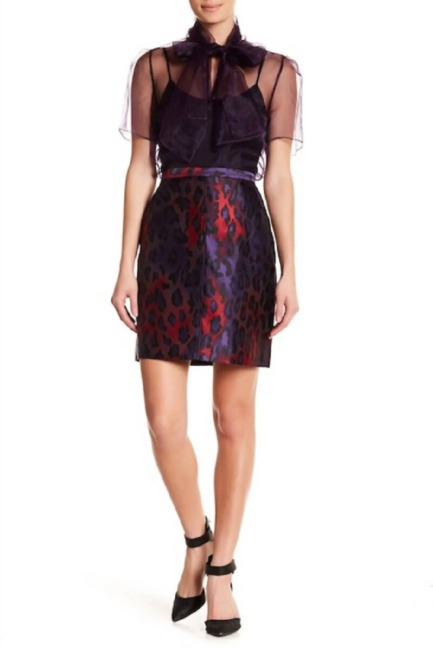 Jacquard Pencil Mini Skirt In Purple, Red